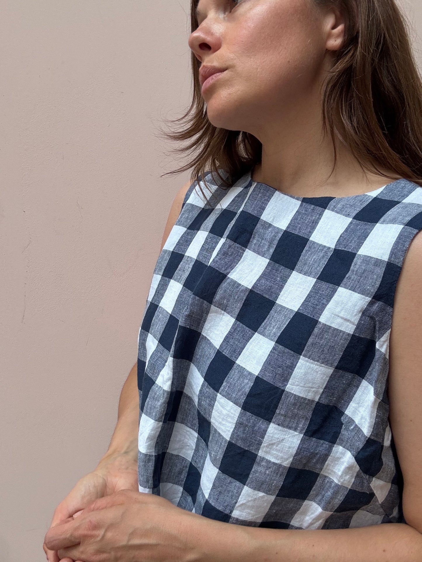 Blue white check 100% linen top size 16