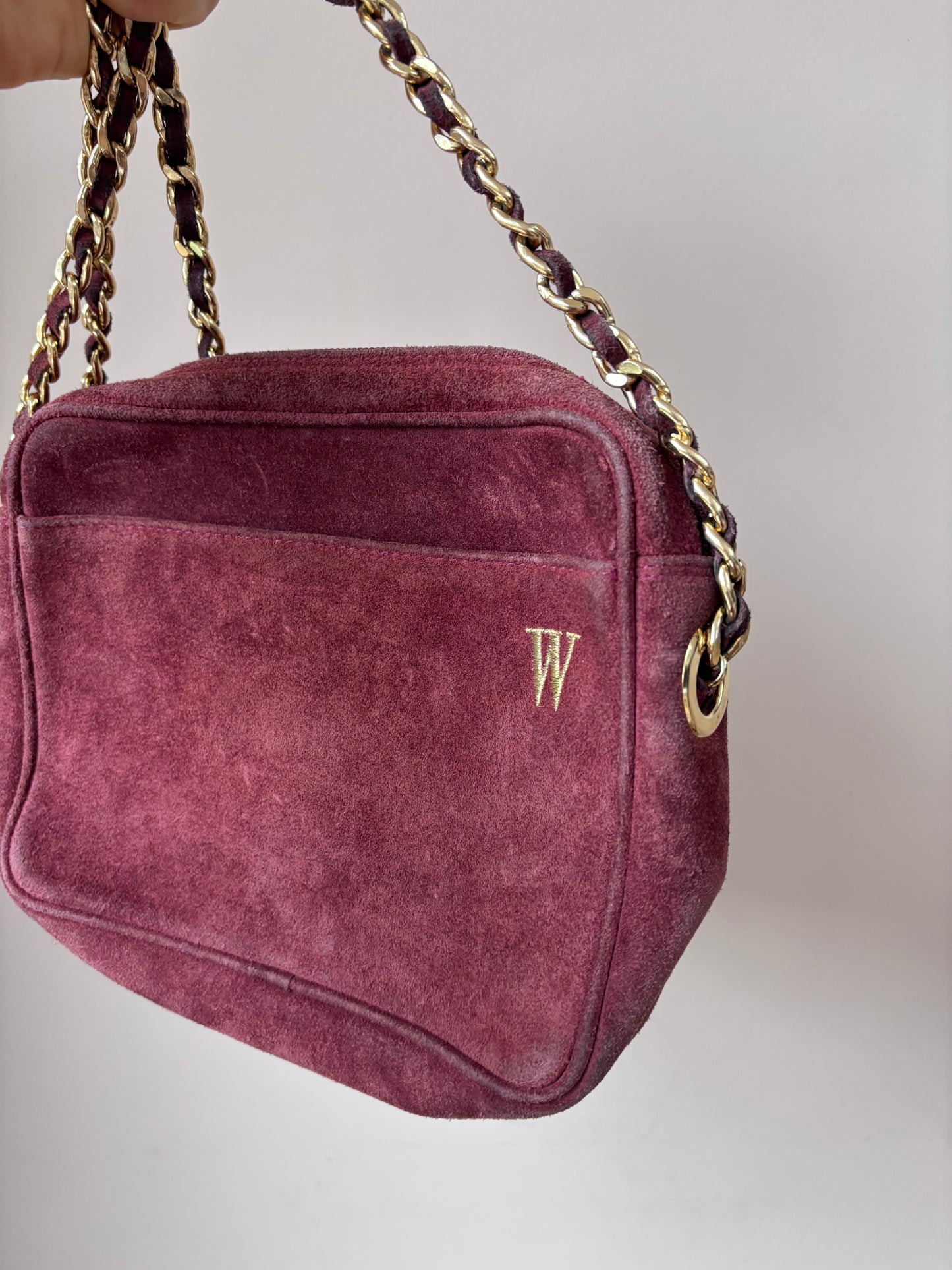 Vintage maroon suede gold chain strap bag