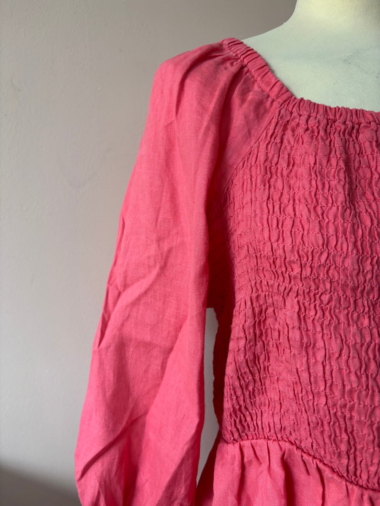 Pink 100% linen puff sleeve blouse with smocking size 16