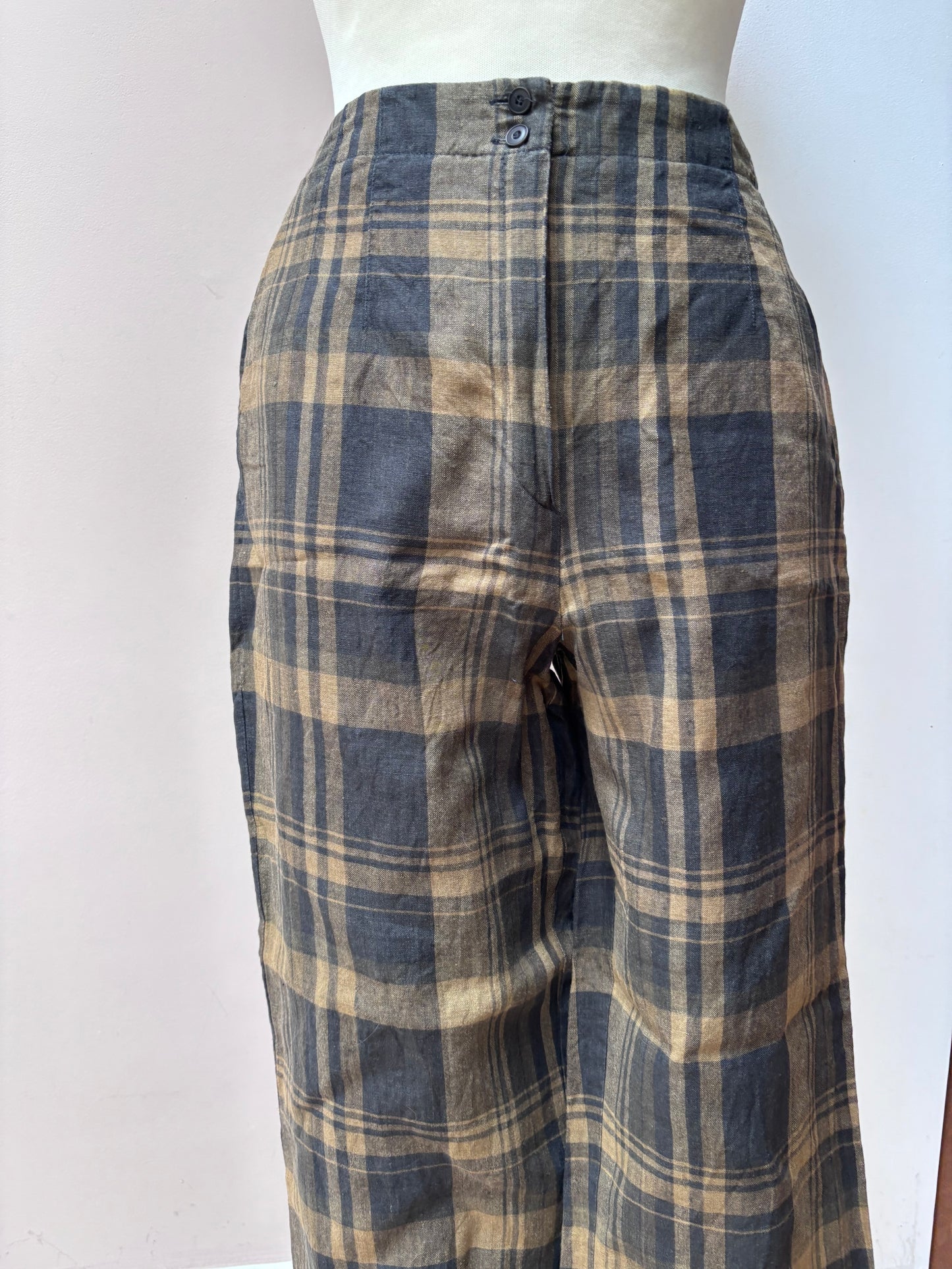 Vintage gold black check 100% linen trousers size 10