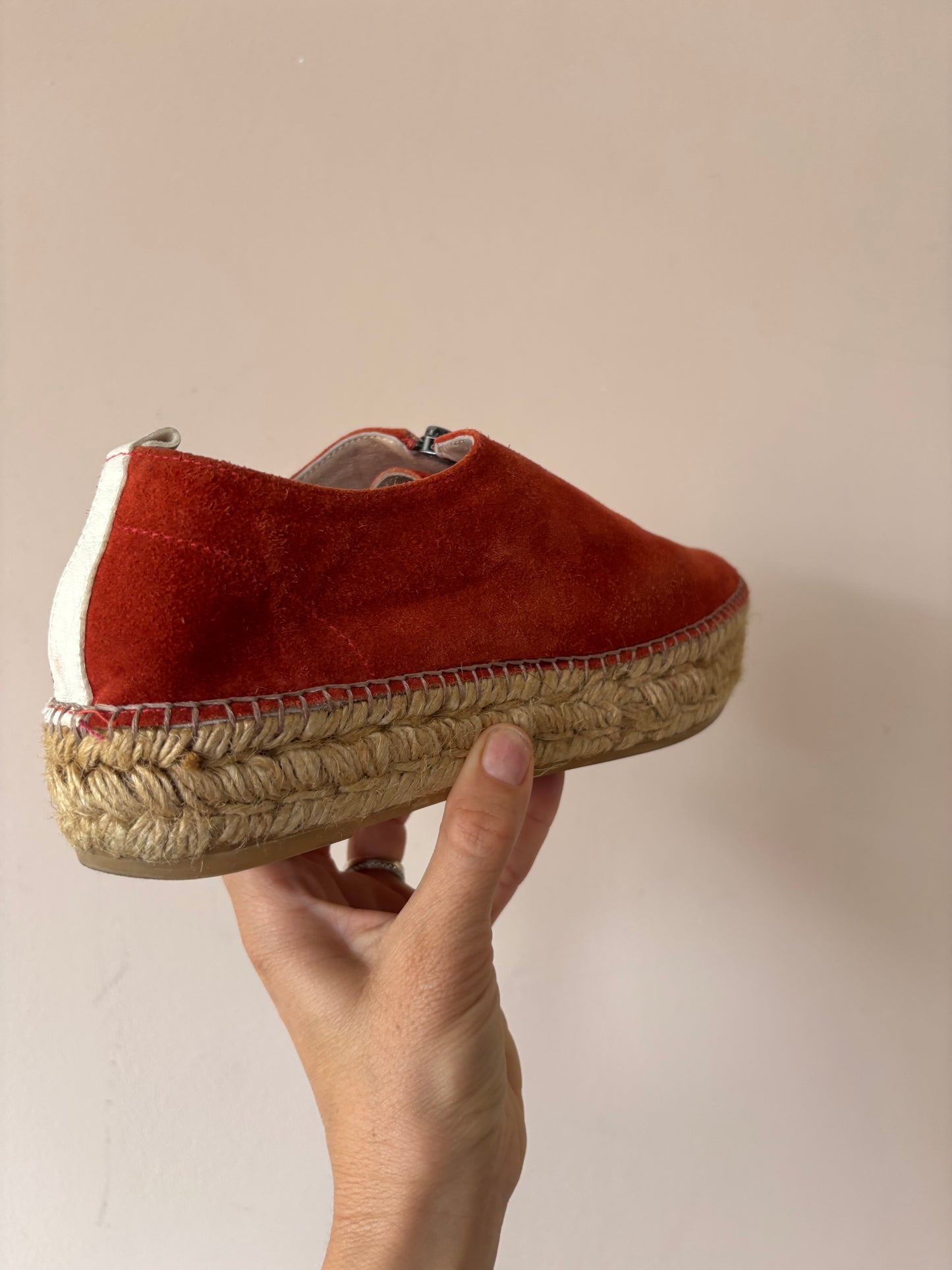 Orange suede zip front espadrilles size 5