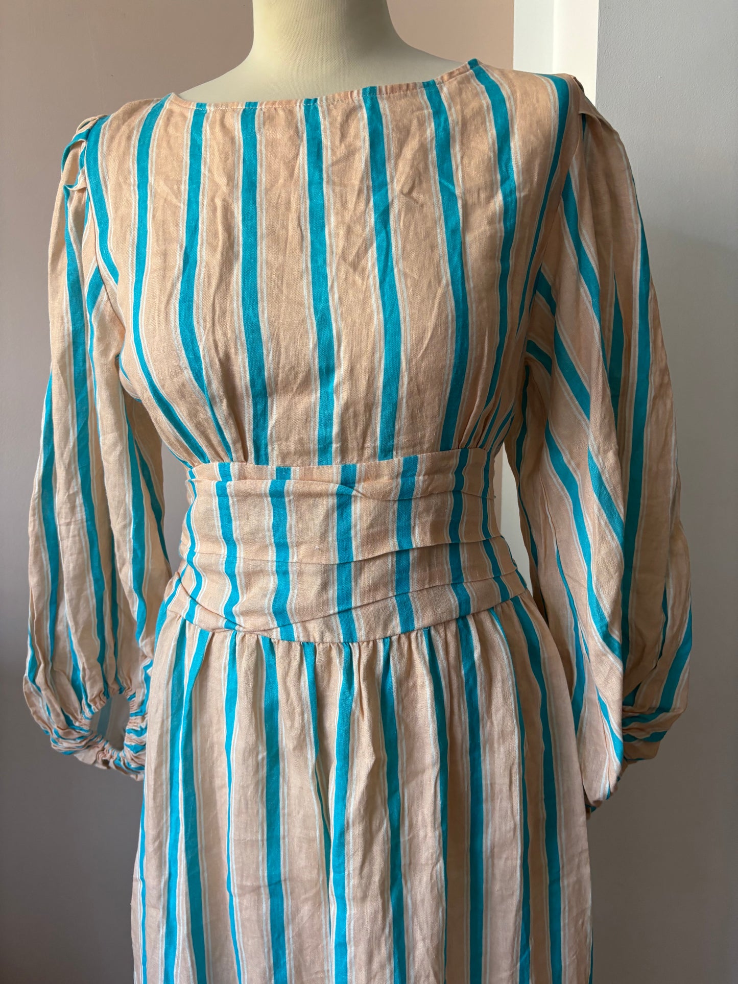 100% linen striped backless dress with baggy sleeves and tie waist size 12