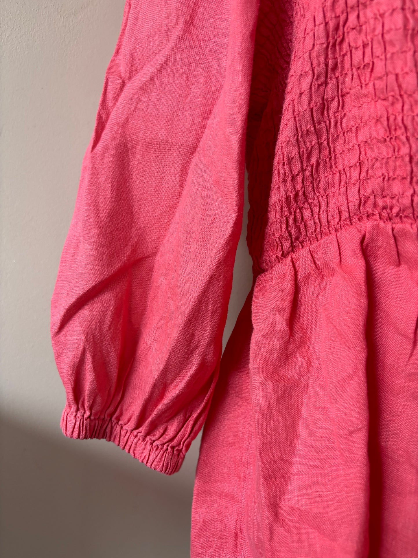 Pink 100% linen puff sleeve blouse with smocking size 16