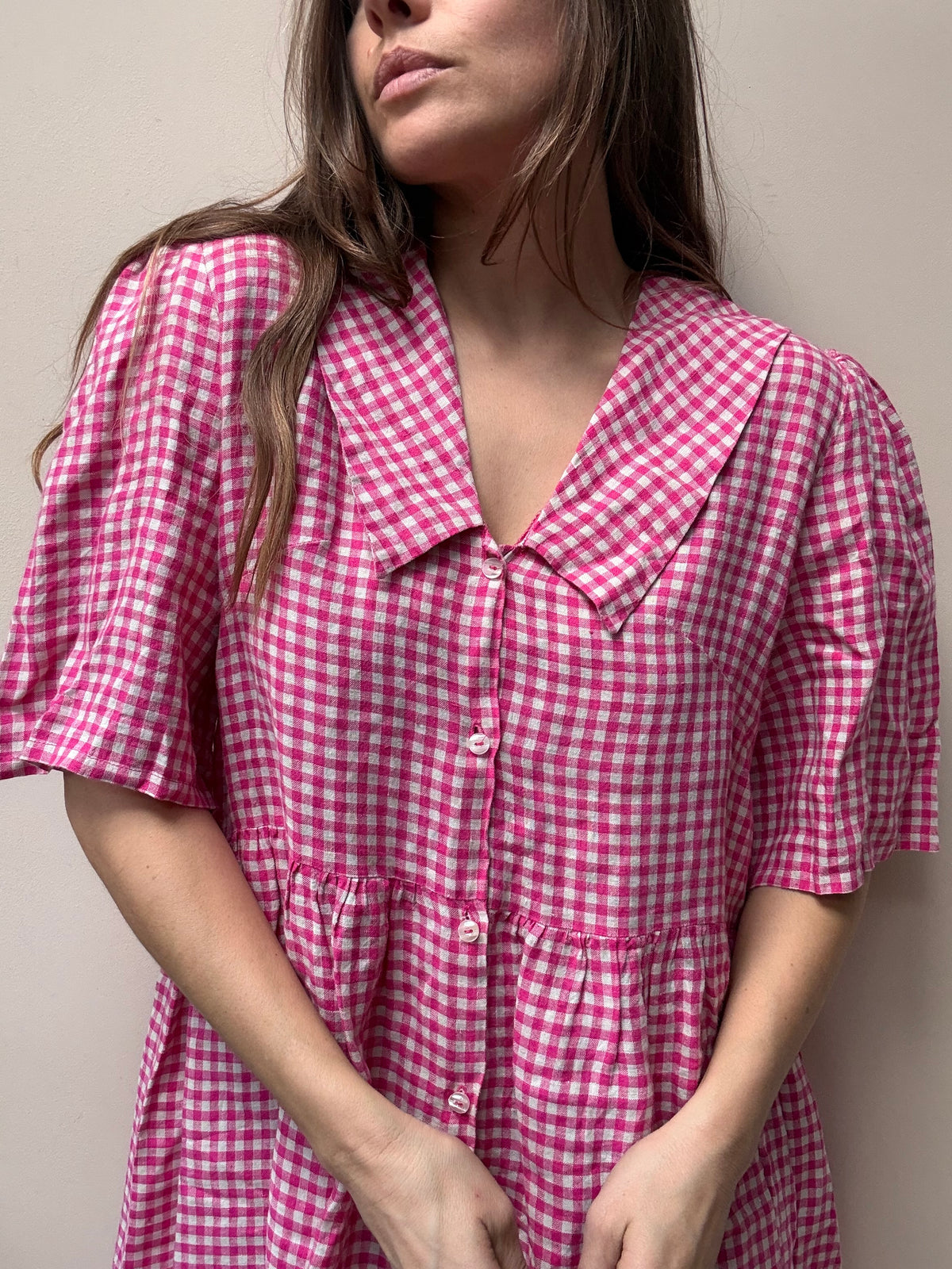 Pink white 100% linen dress
