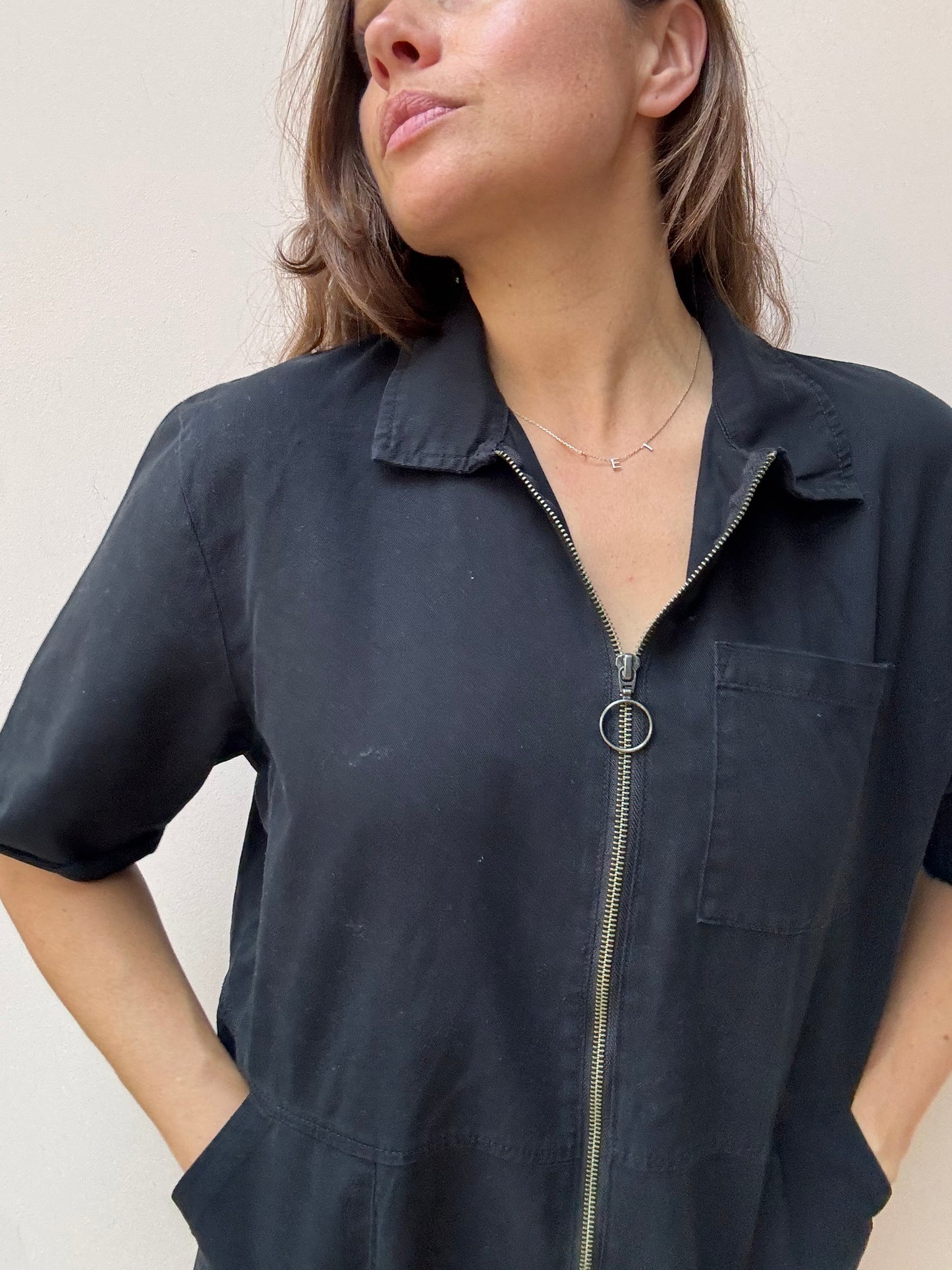 Black 100% cotton zip front playsuit size Medium