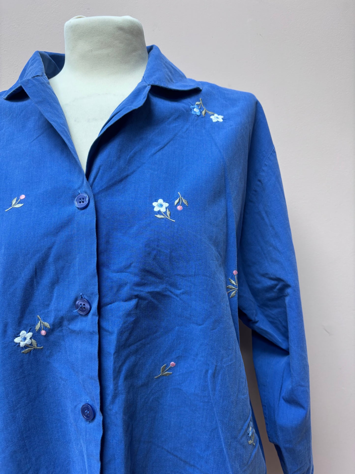 Vintage blue cotton shirt flower embroidery size 10/12