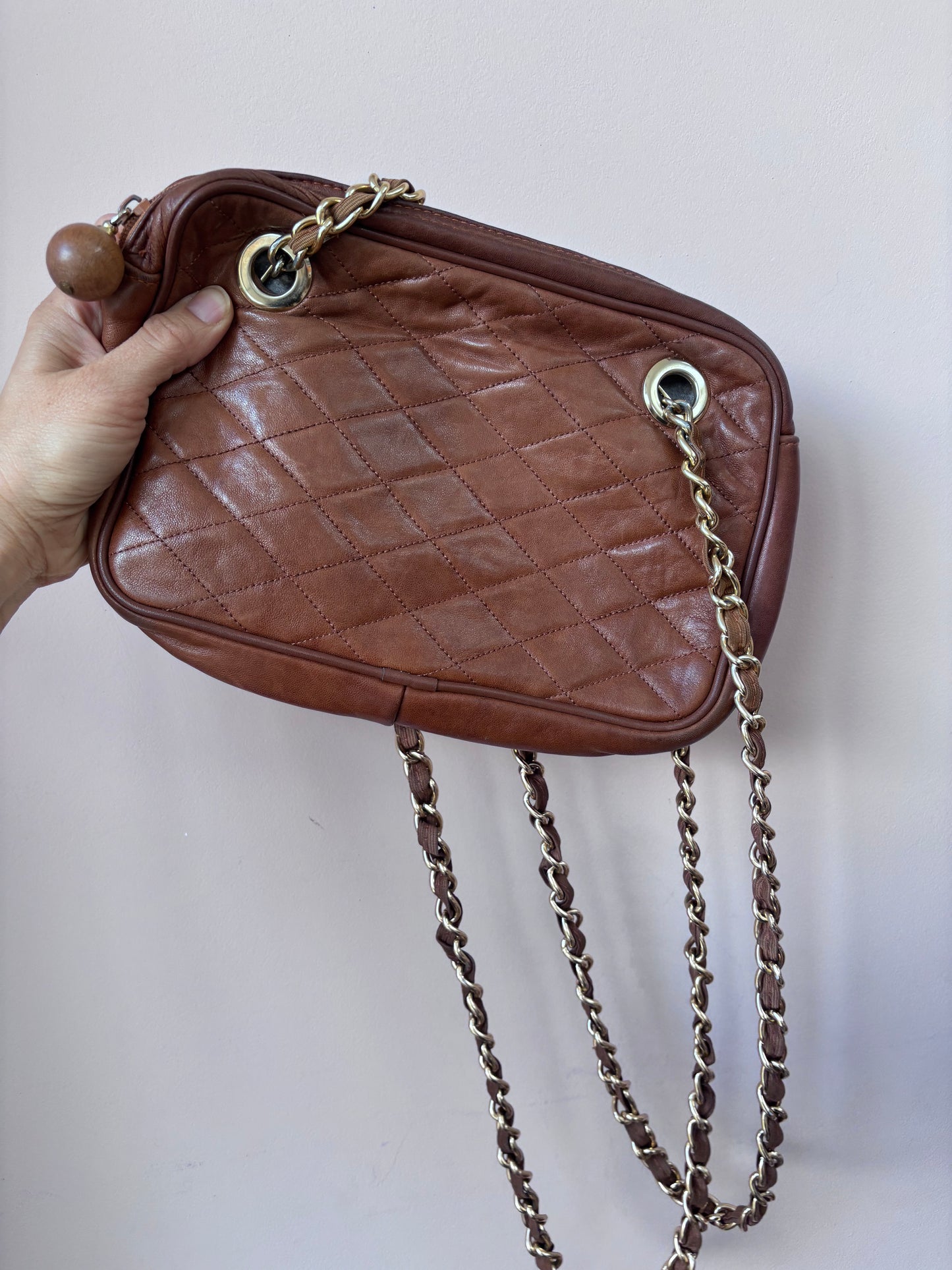 Brown quilted leather bag gold chain strap