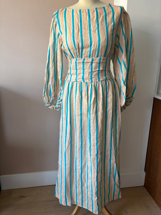 100% linen striped backless dress with baggy sleeves and tie waist size 12