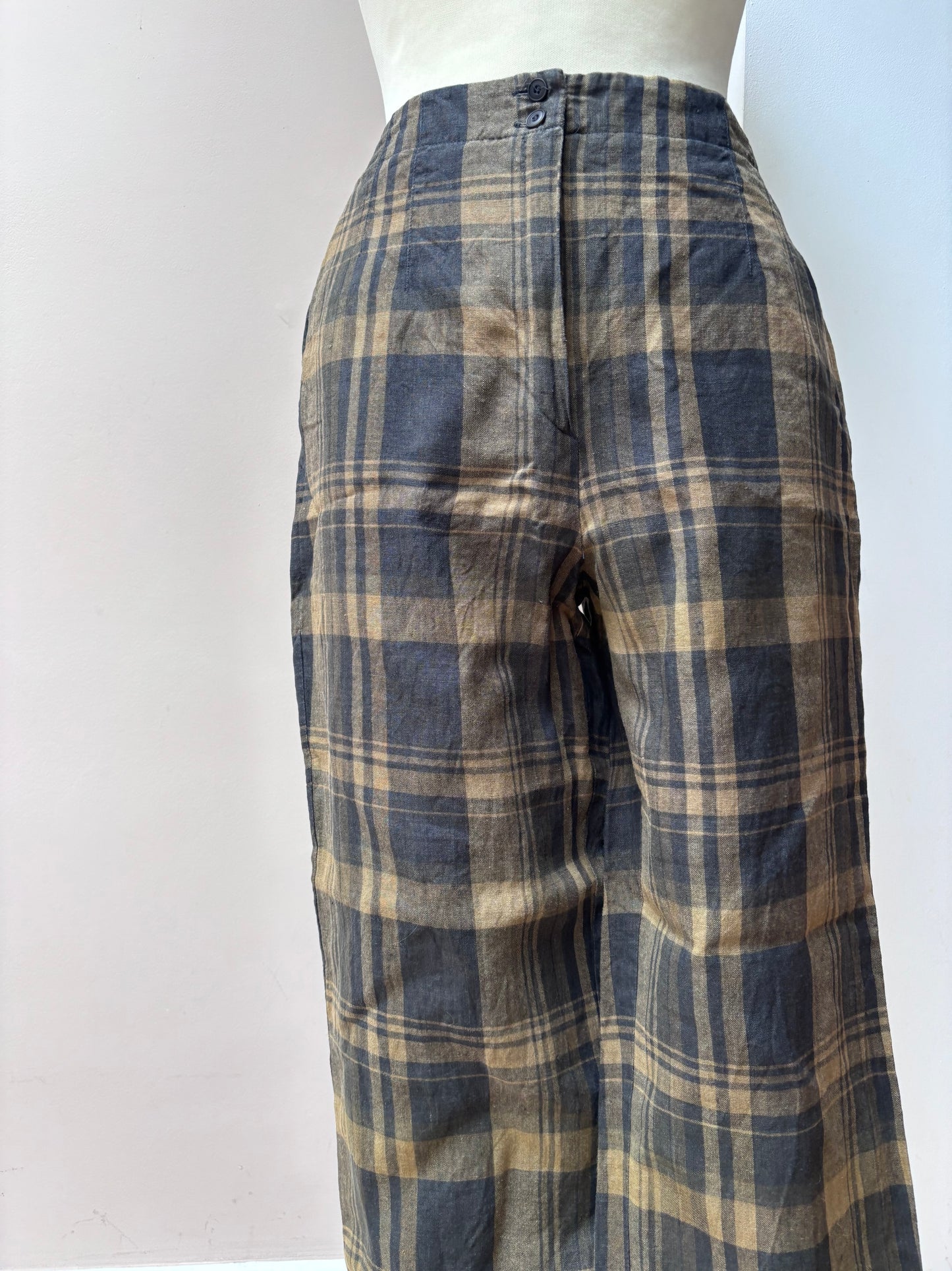 Vintage gold black check 100% linen trousers size 10