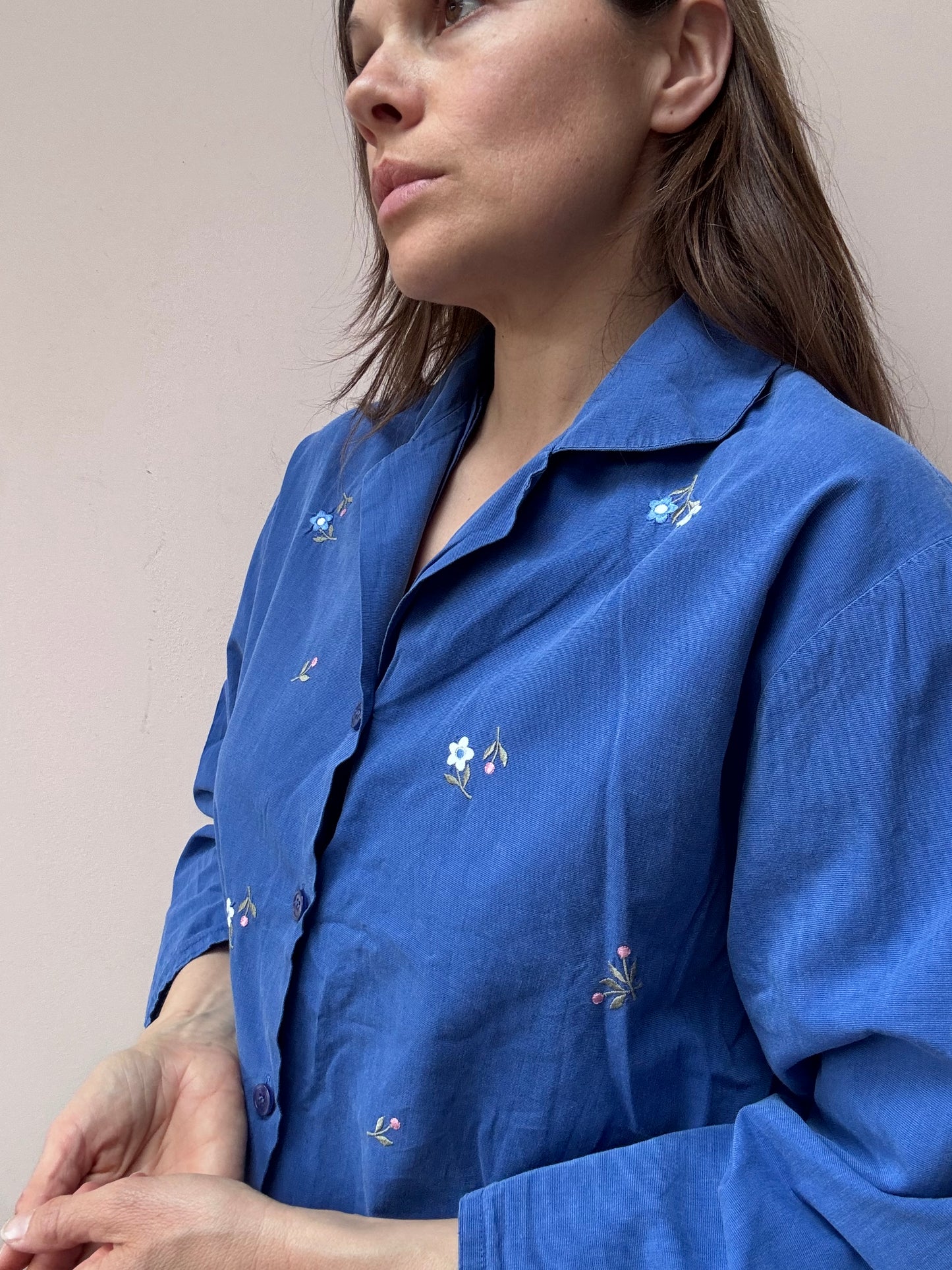 Vintage blue cotton shirt flower embroidery size 10/12