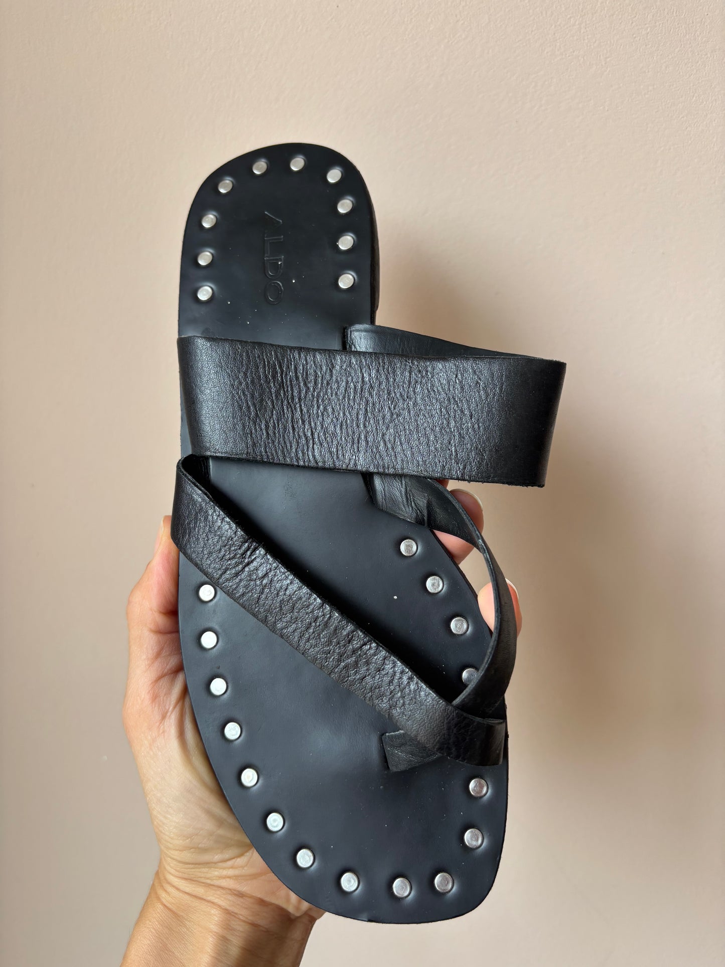 Black leather studded sandals size UK5