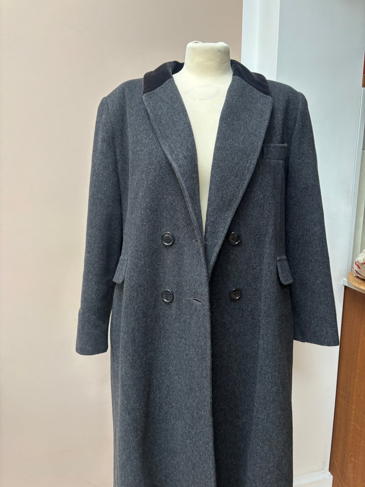 Charcoal grey wool coat velvet collar size 12