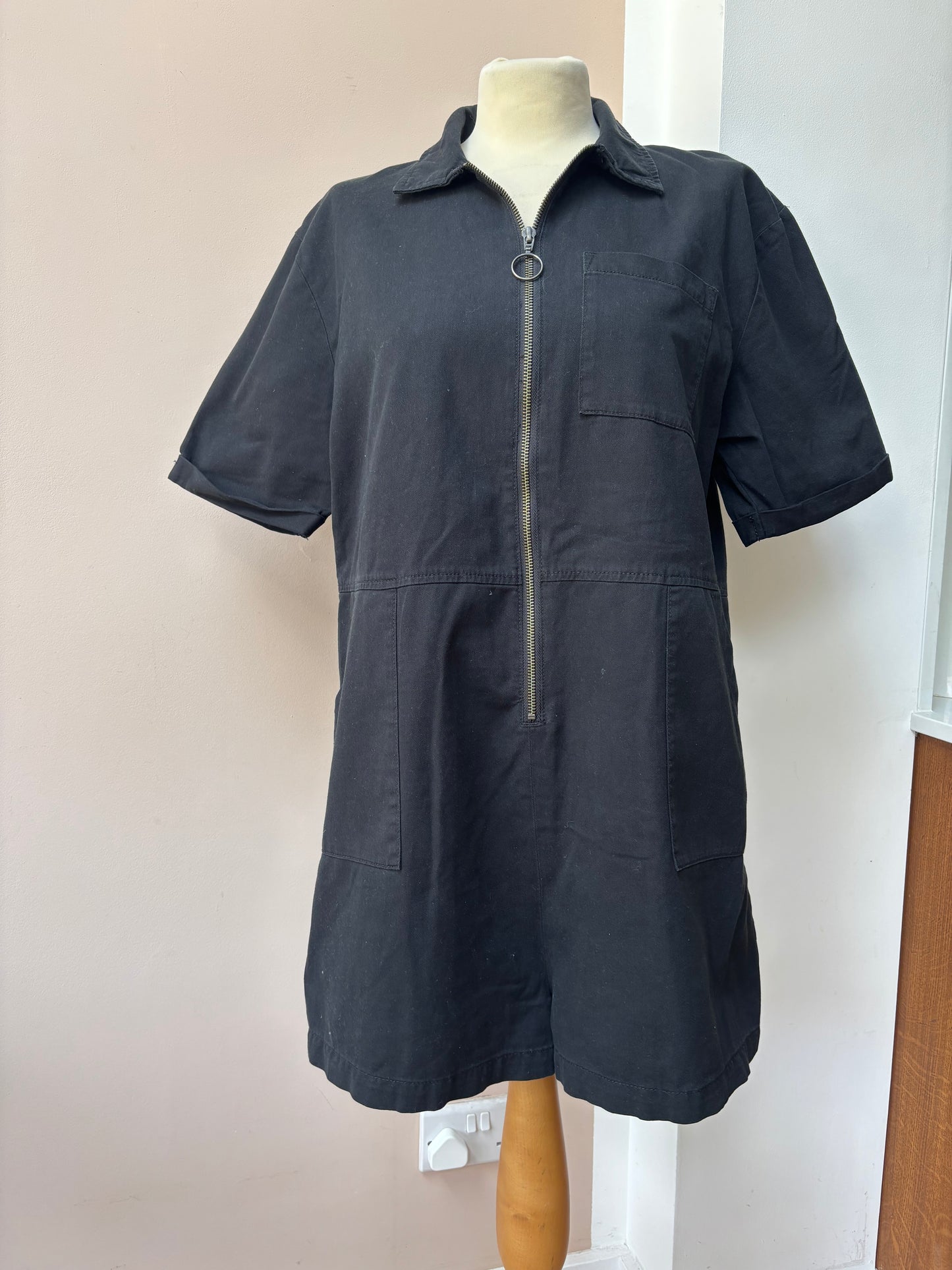 Black 100% cotton zip front playsuit size Medium