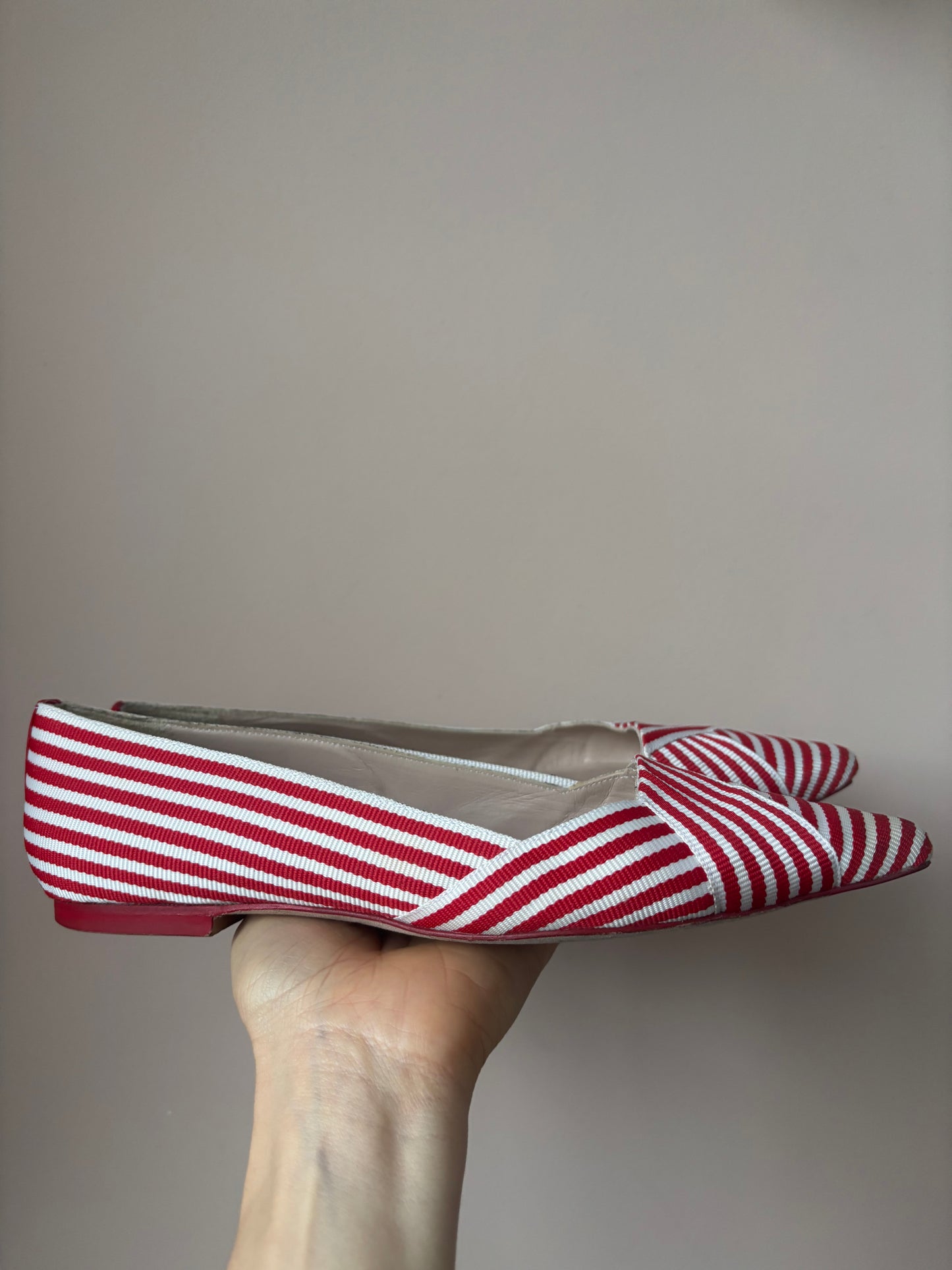 Red white striped flat shoes size 38.5
