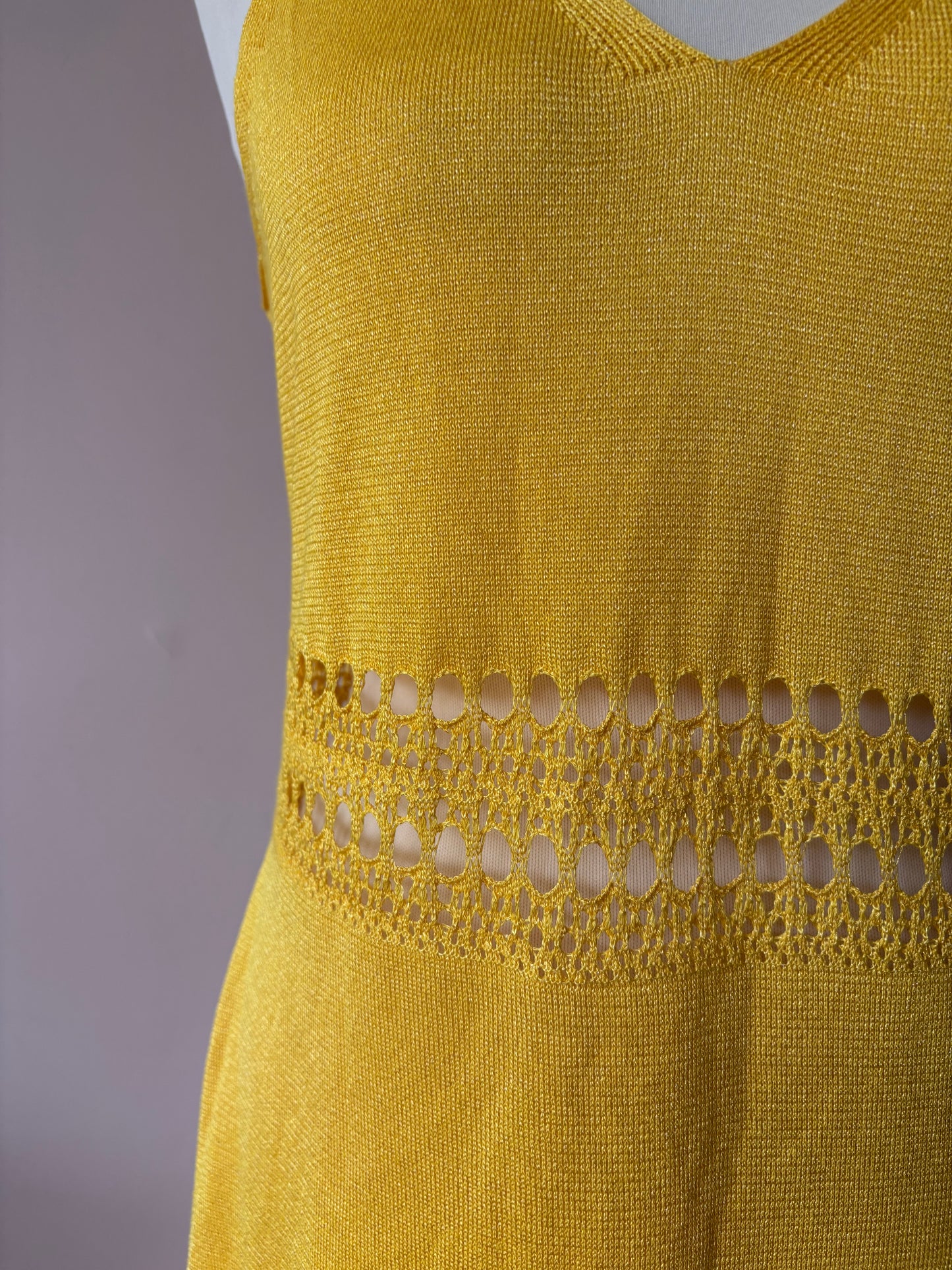 Yellow fine knit dress with cut out waist size Medium