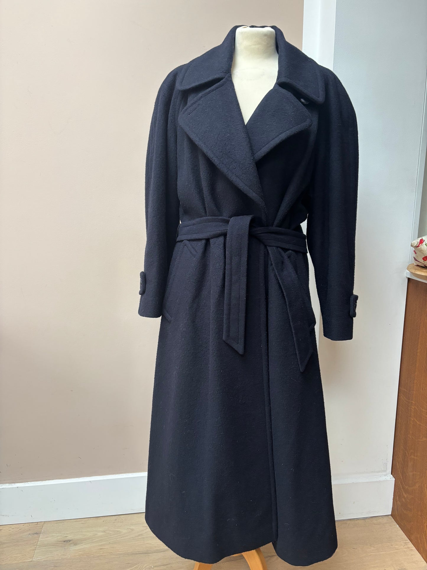 Wool cashmere mix dark navy blue long coat 12-16