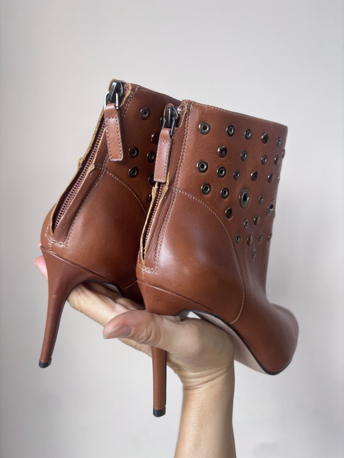 Brown leather studded heeled boots size 5.5