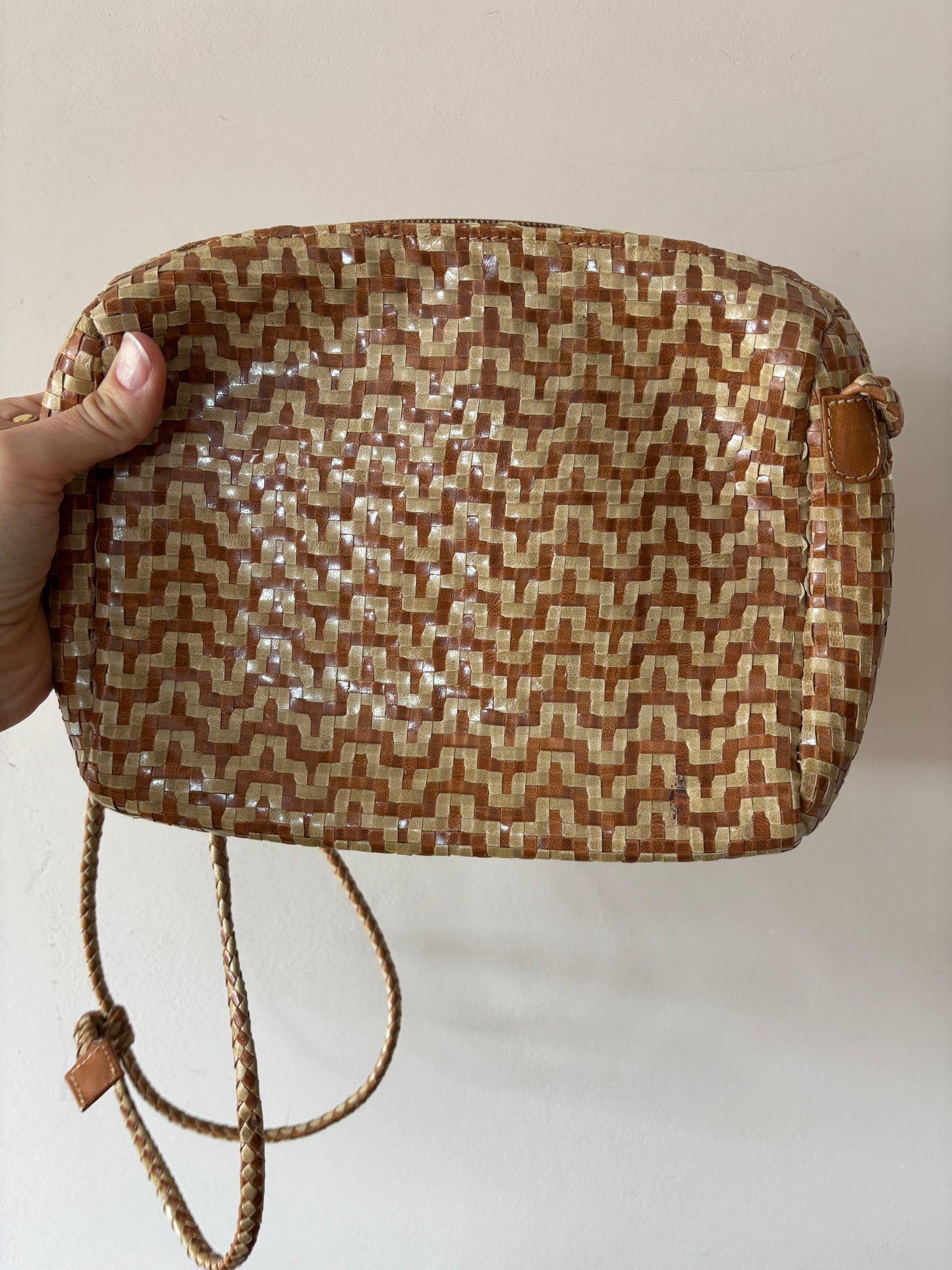 Vintage brown beige leather woven bag