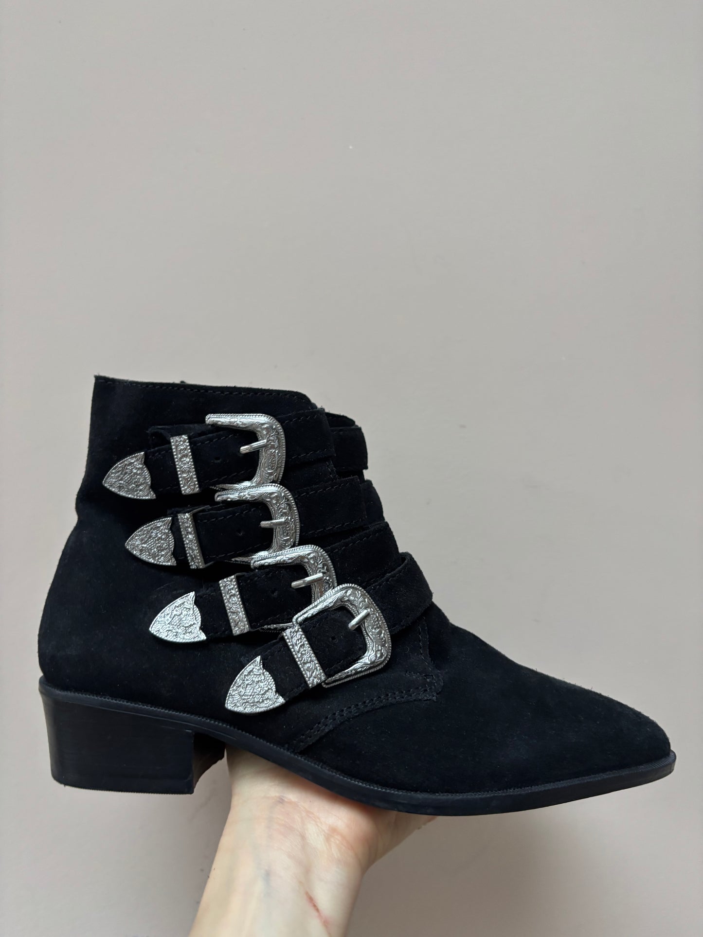 Black suede silver buckle ankle boots size UK6
