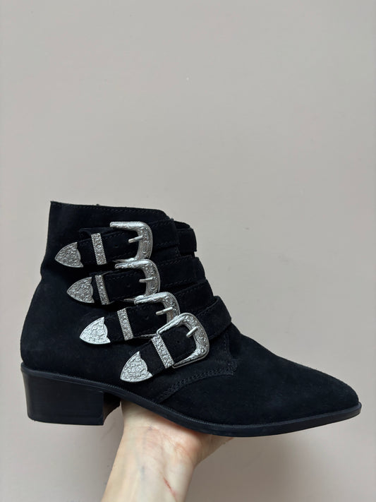 Black suede silver buckle ankle boots size UK6