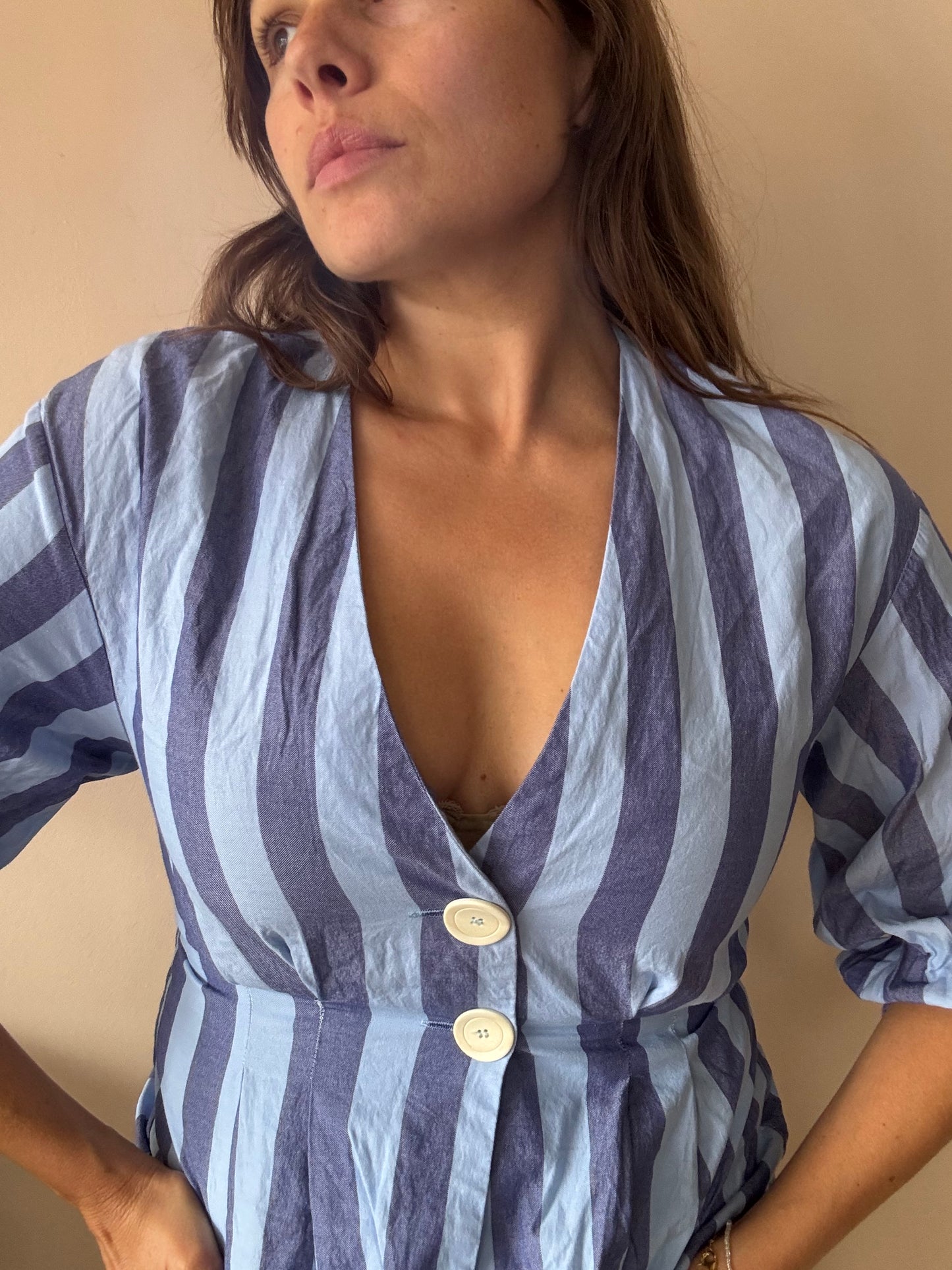 Blue striped top tie cuffs size 8/10