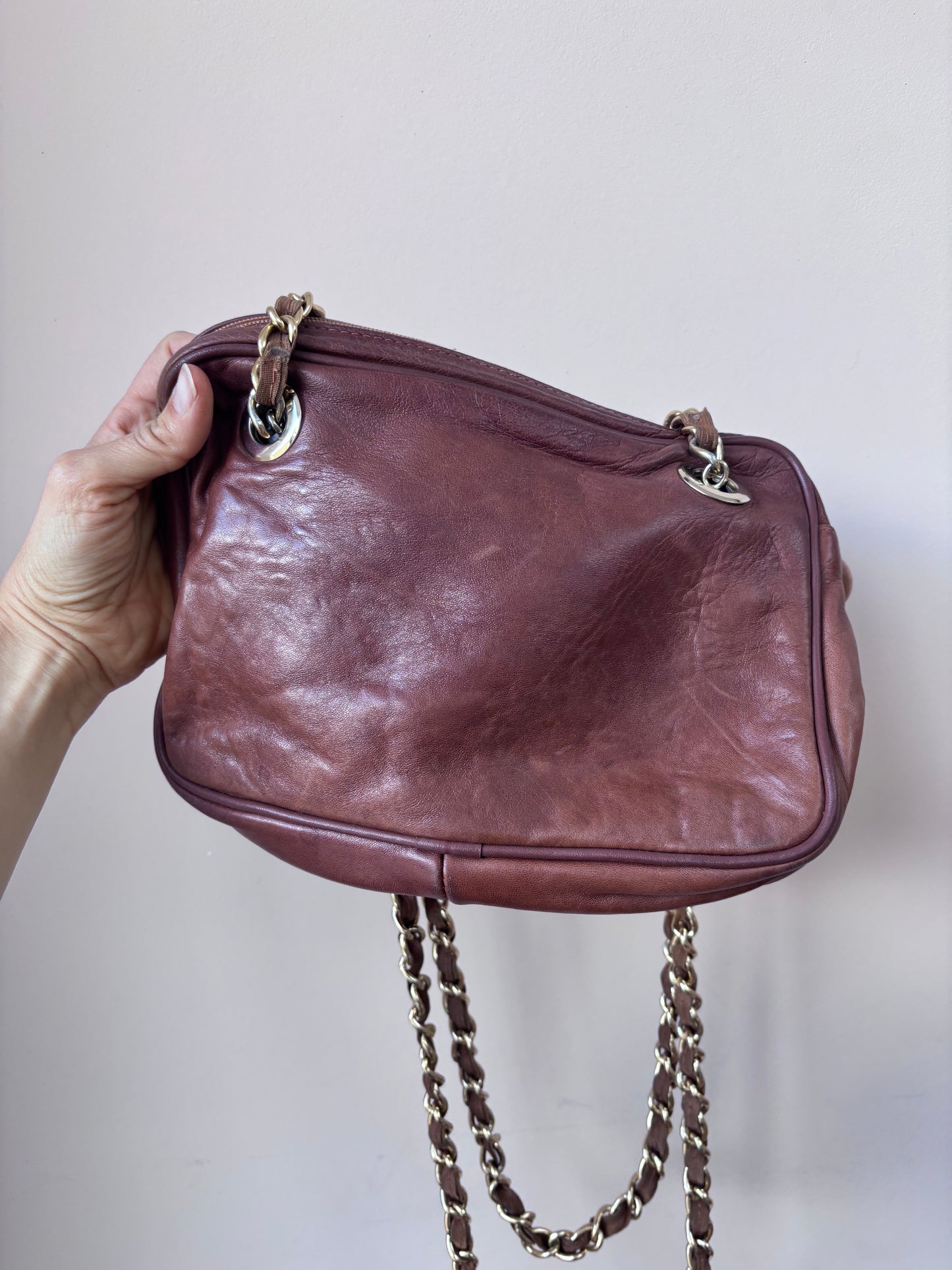 Brown quilted leather bag gold chain strap