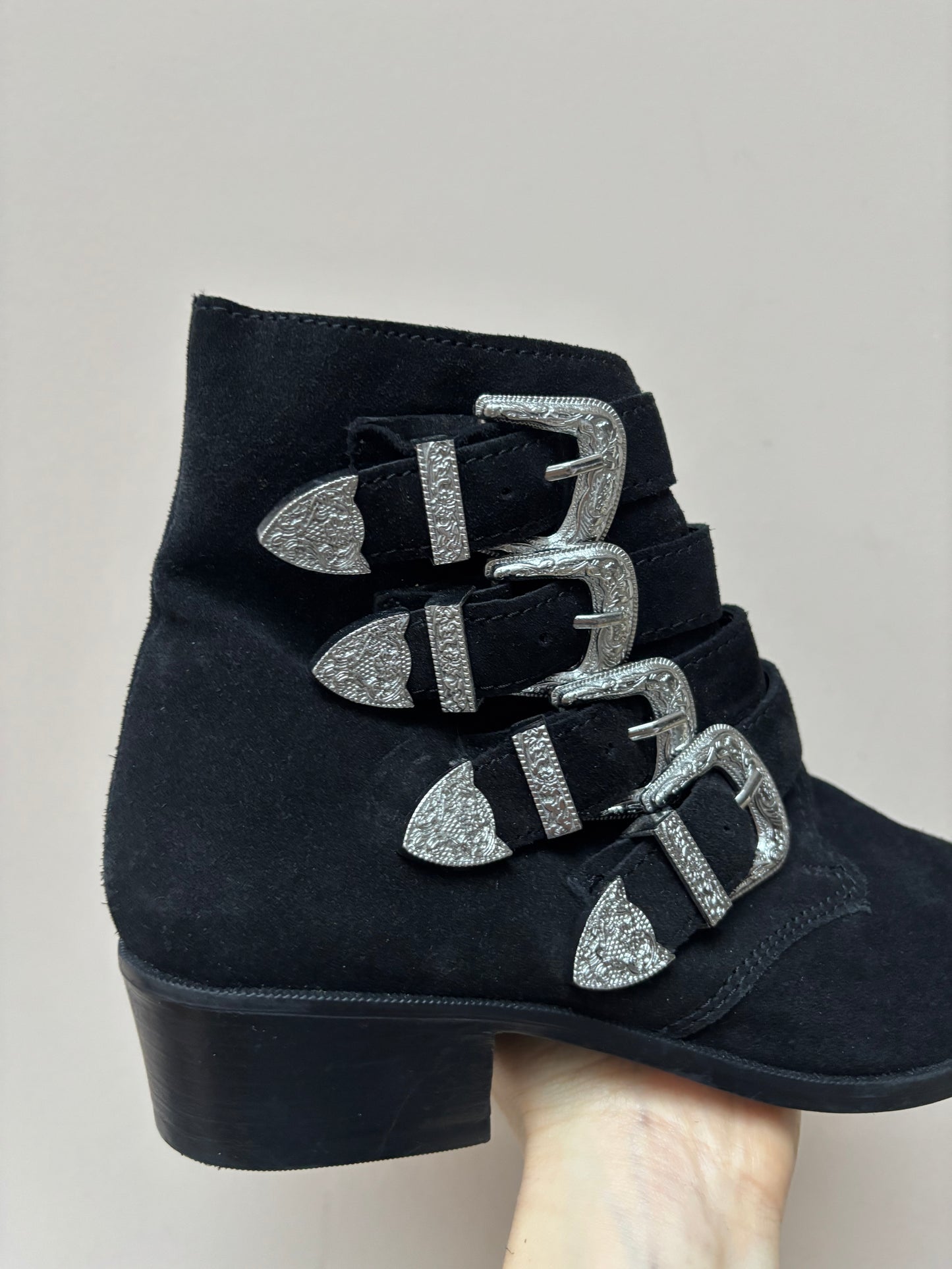 Black suede silver buckle ankle boots size UK6