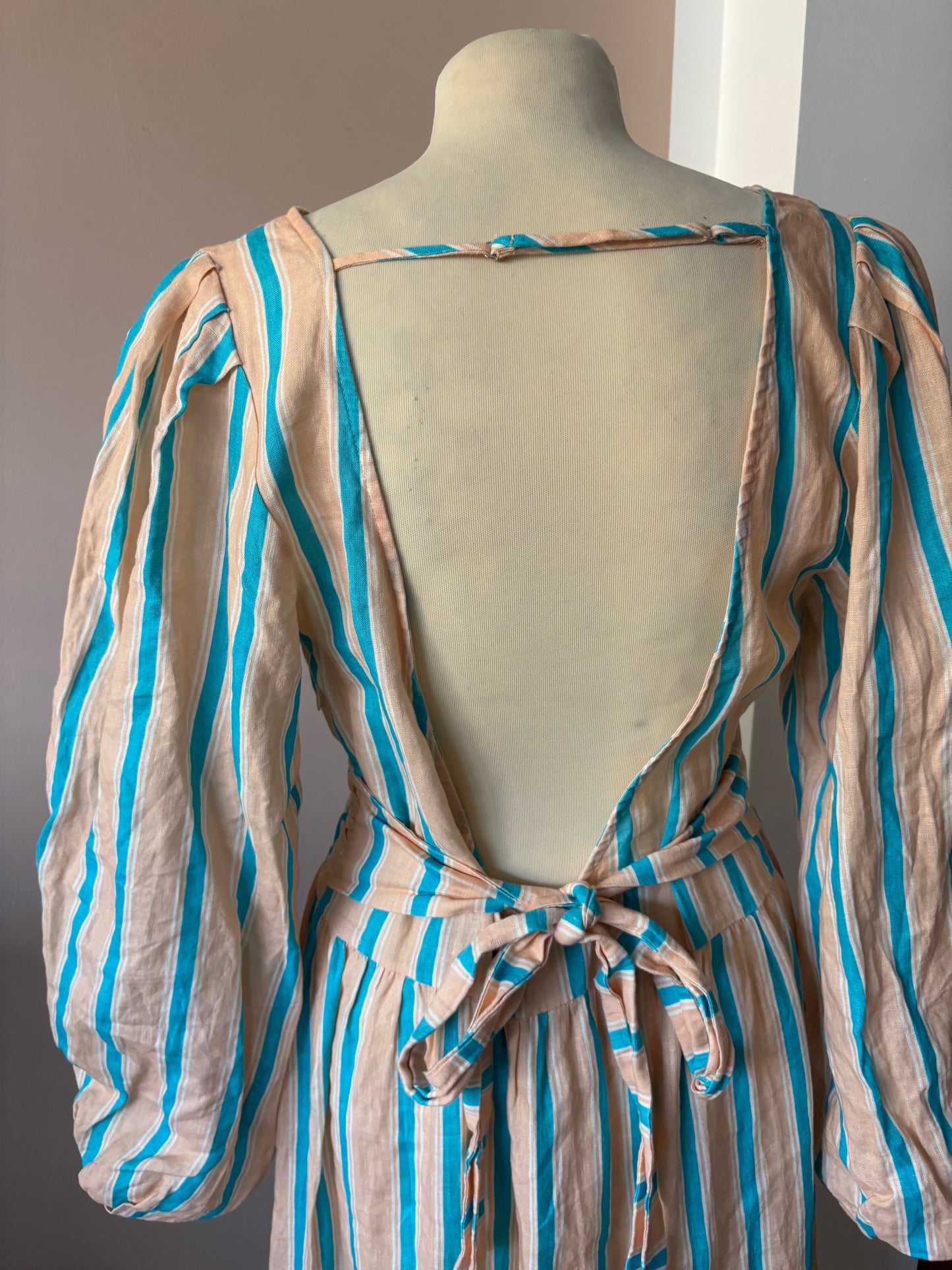 100% linen striped backless dress with baggy sleeves and tie waist size 12