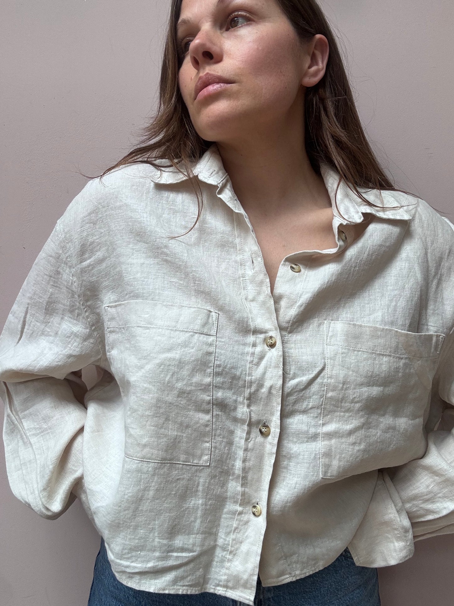 Beige cropped 100% linen shirt size 12/14