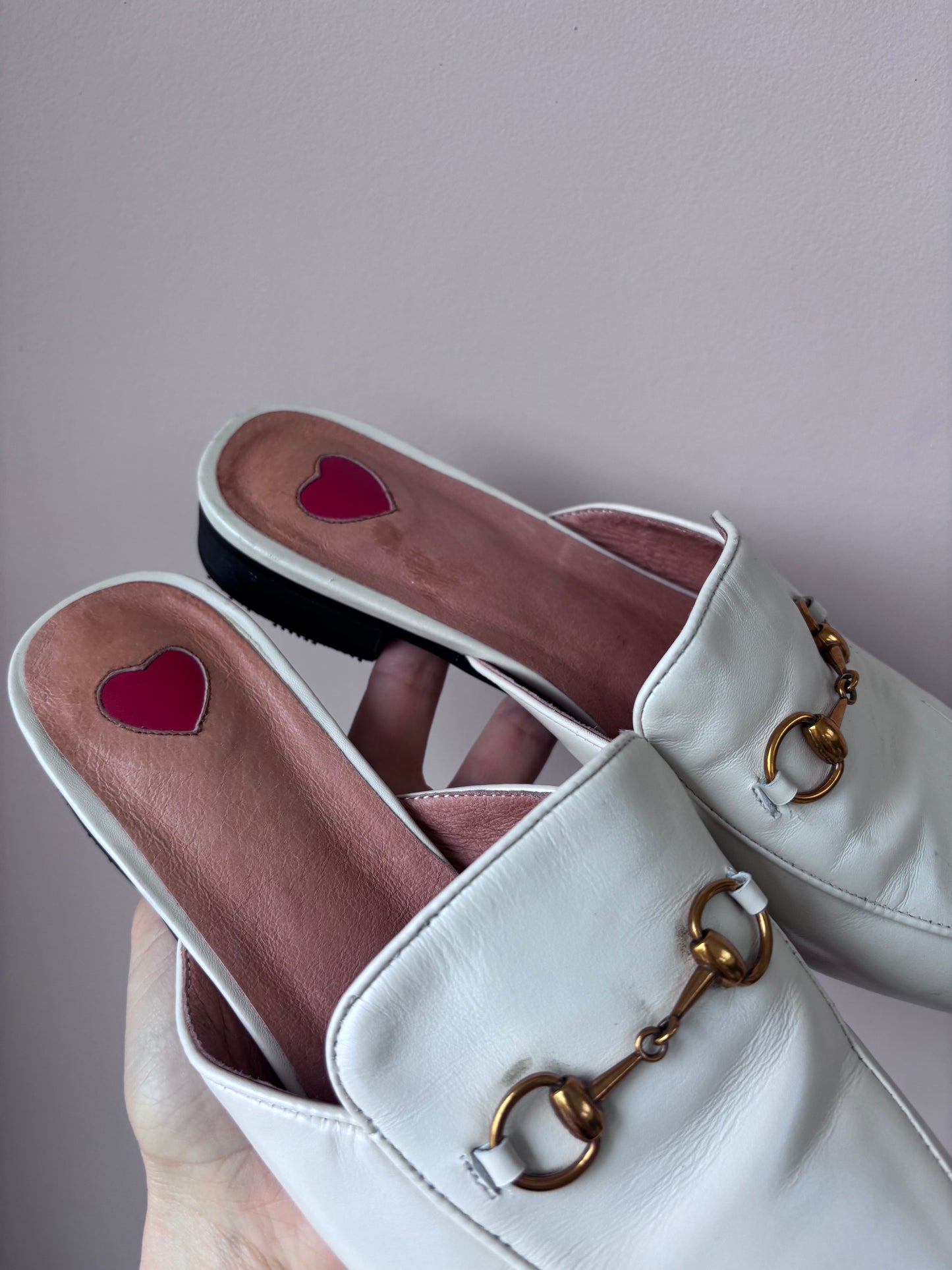 Cream leather brass buckle shoes size UK5