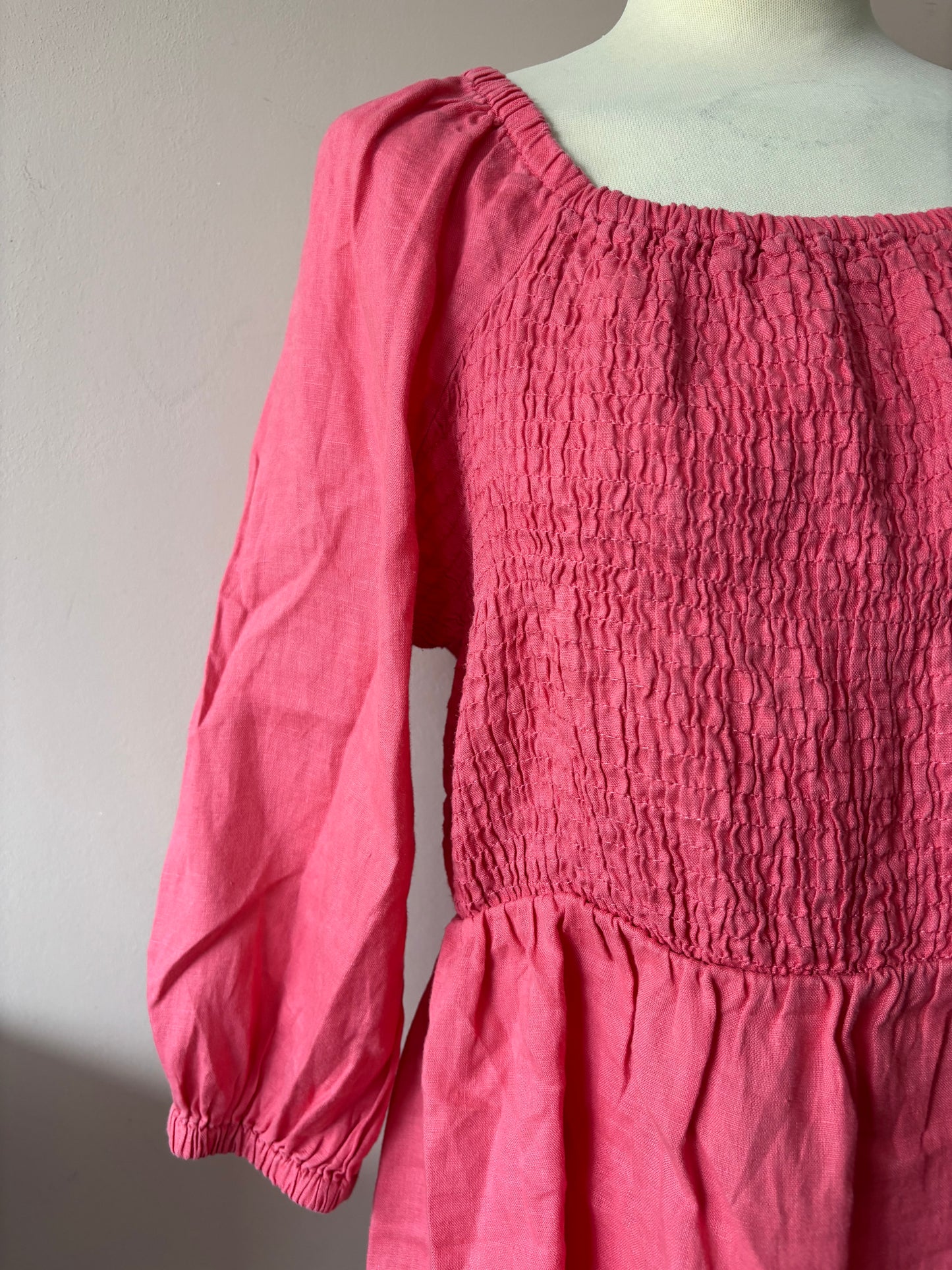 Pink 100% linen puff sleeve blouse with smocking size 16