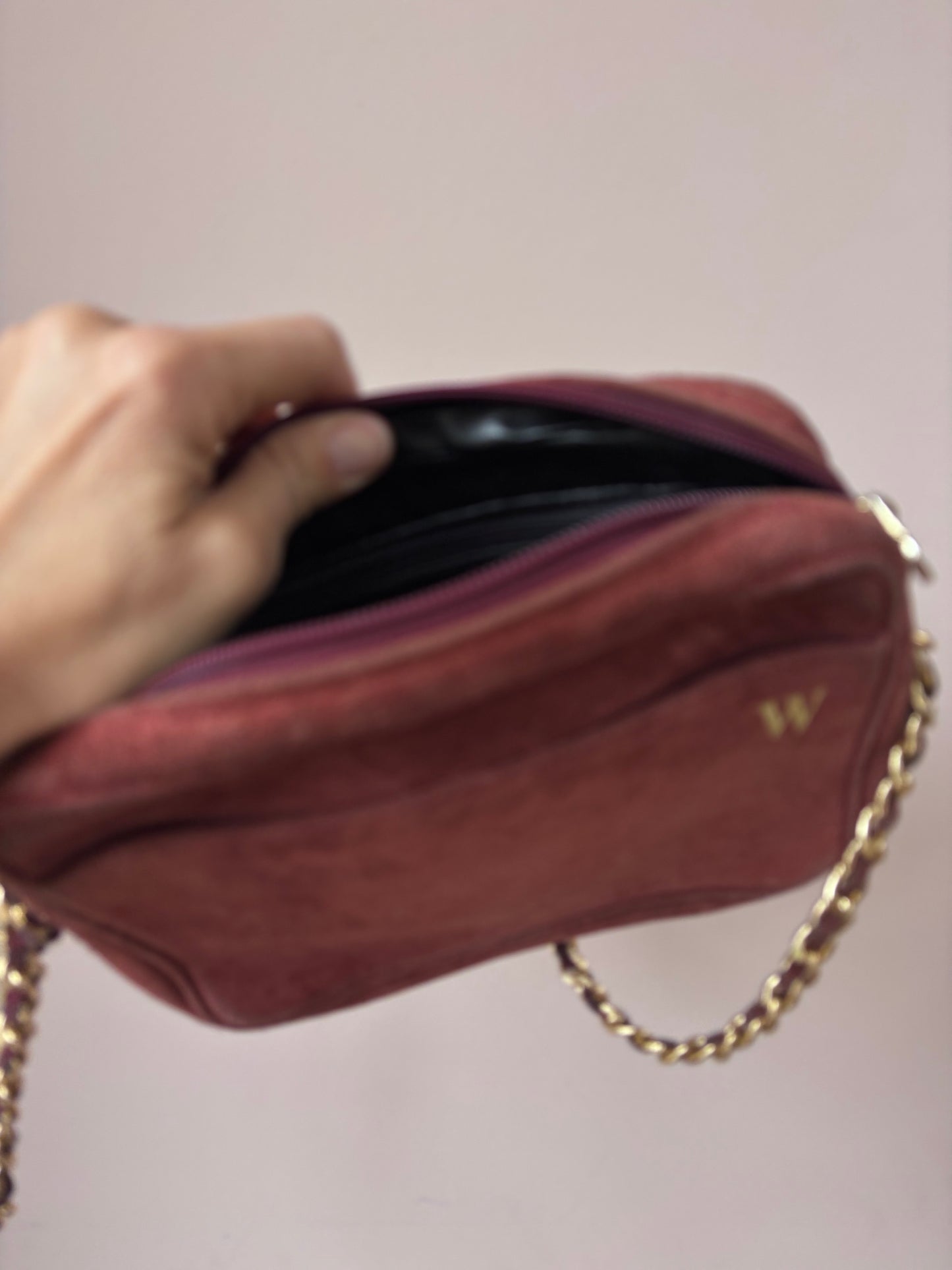 Vintage maroon suede gold chain strap bag