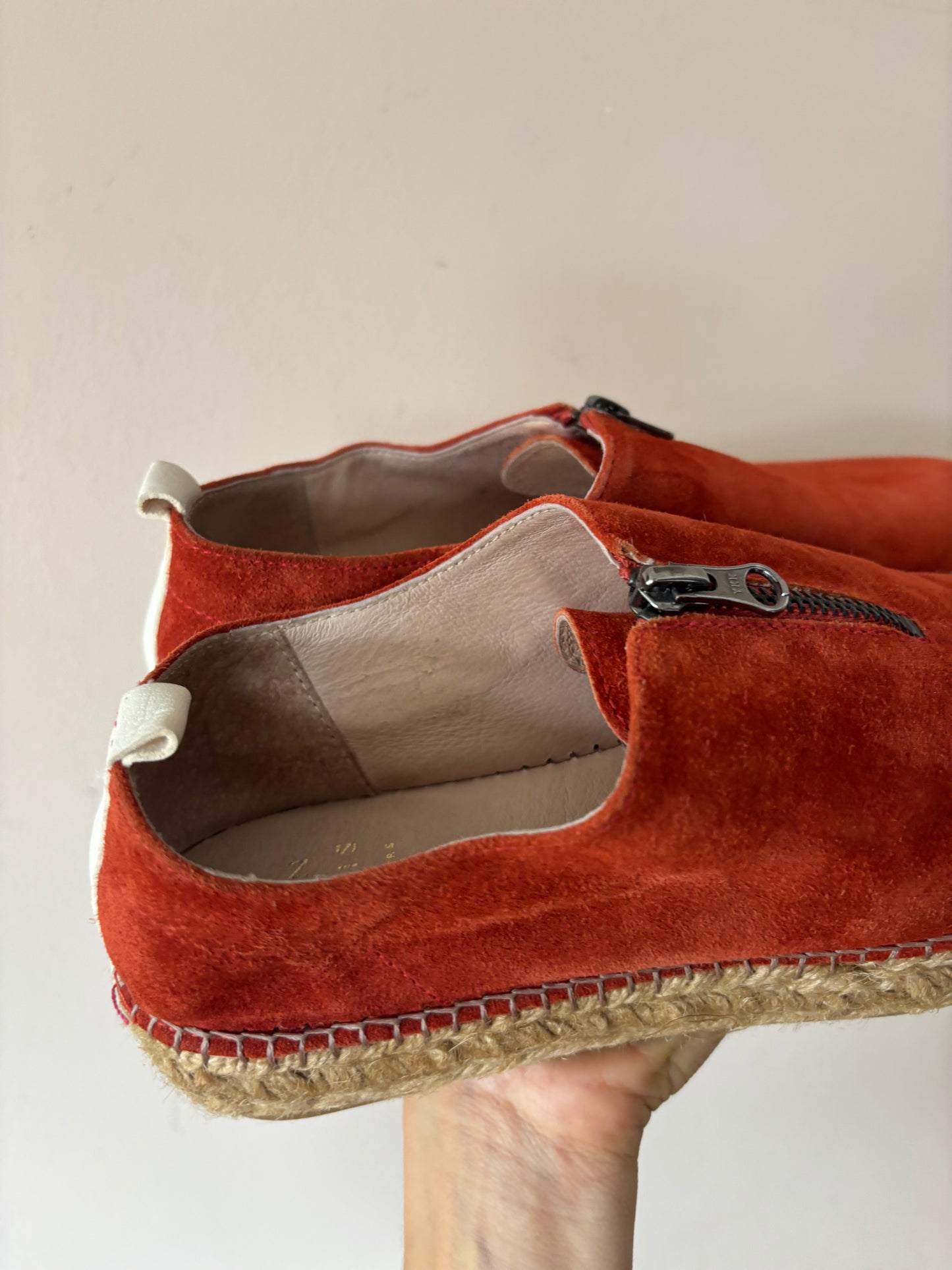 Orange suede zip front espadrilles size 5