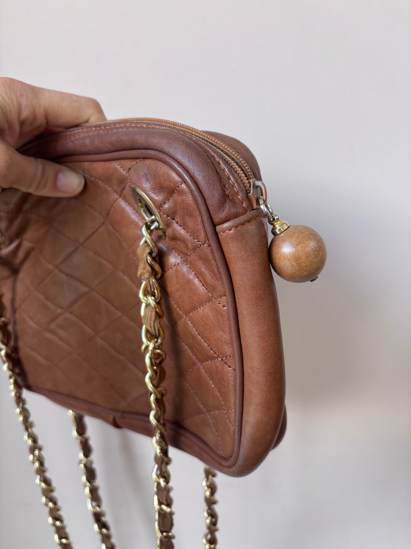Brown quilted leather bag gold chain strap
