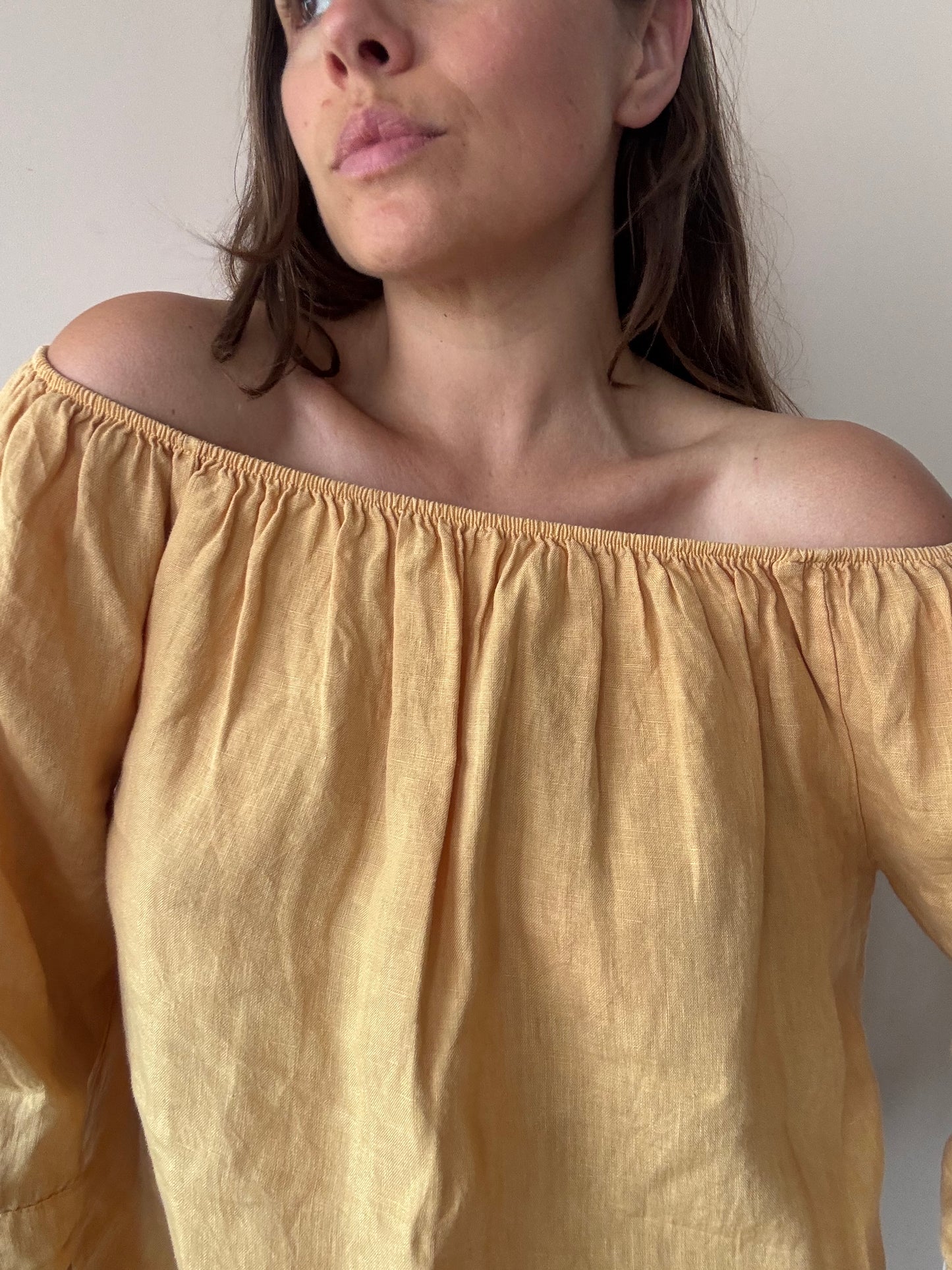 Mustard yellow 100% linen off the shoulder top size Large