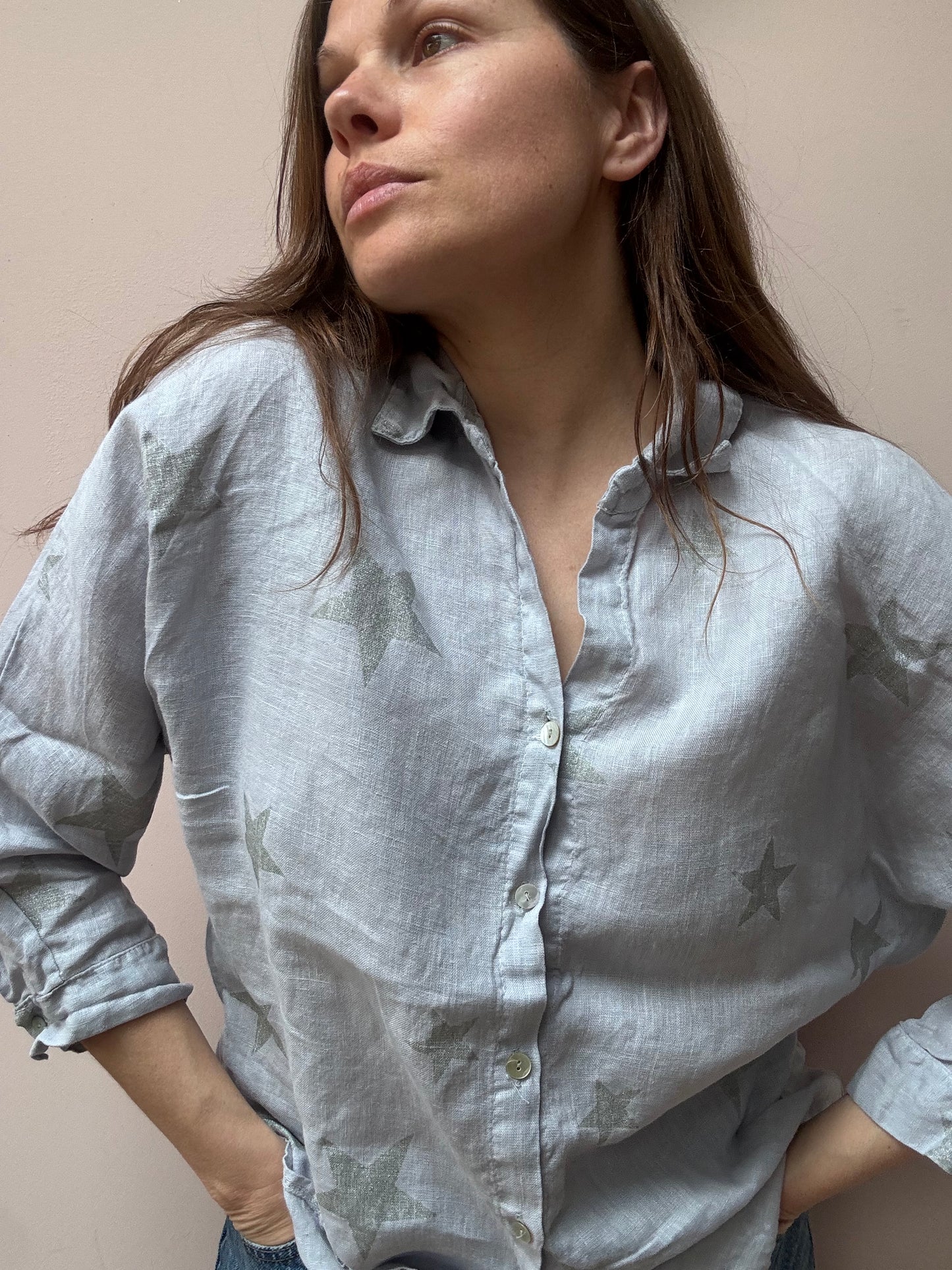 Pale grey 100% linen star shirt size 10