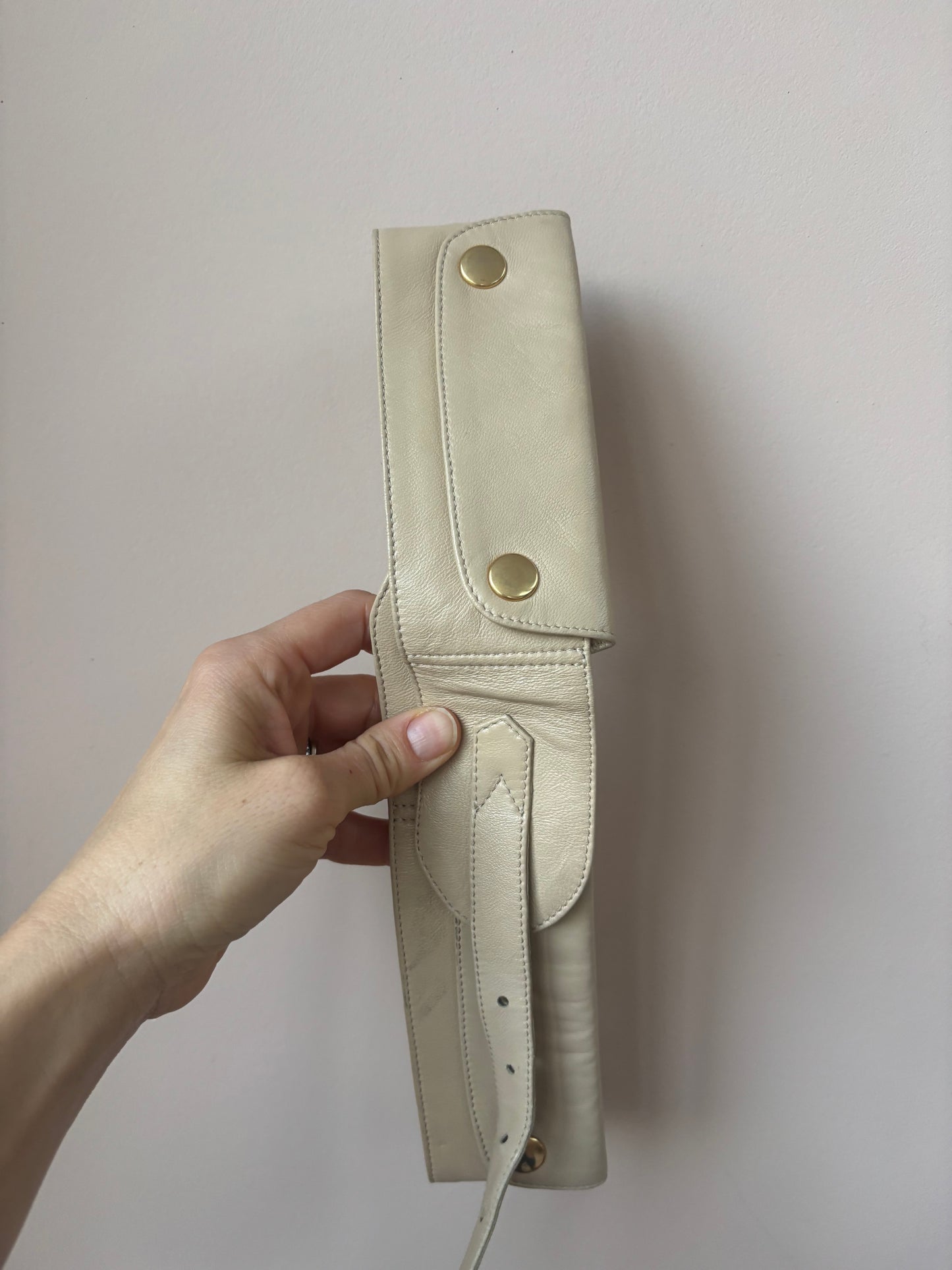 Vintage cream beige leather belt with pockets