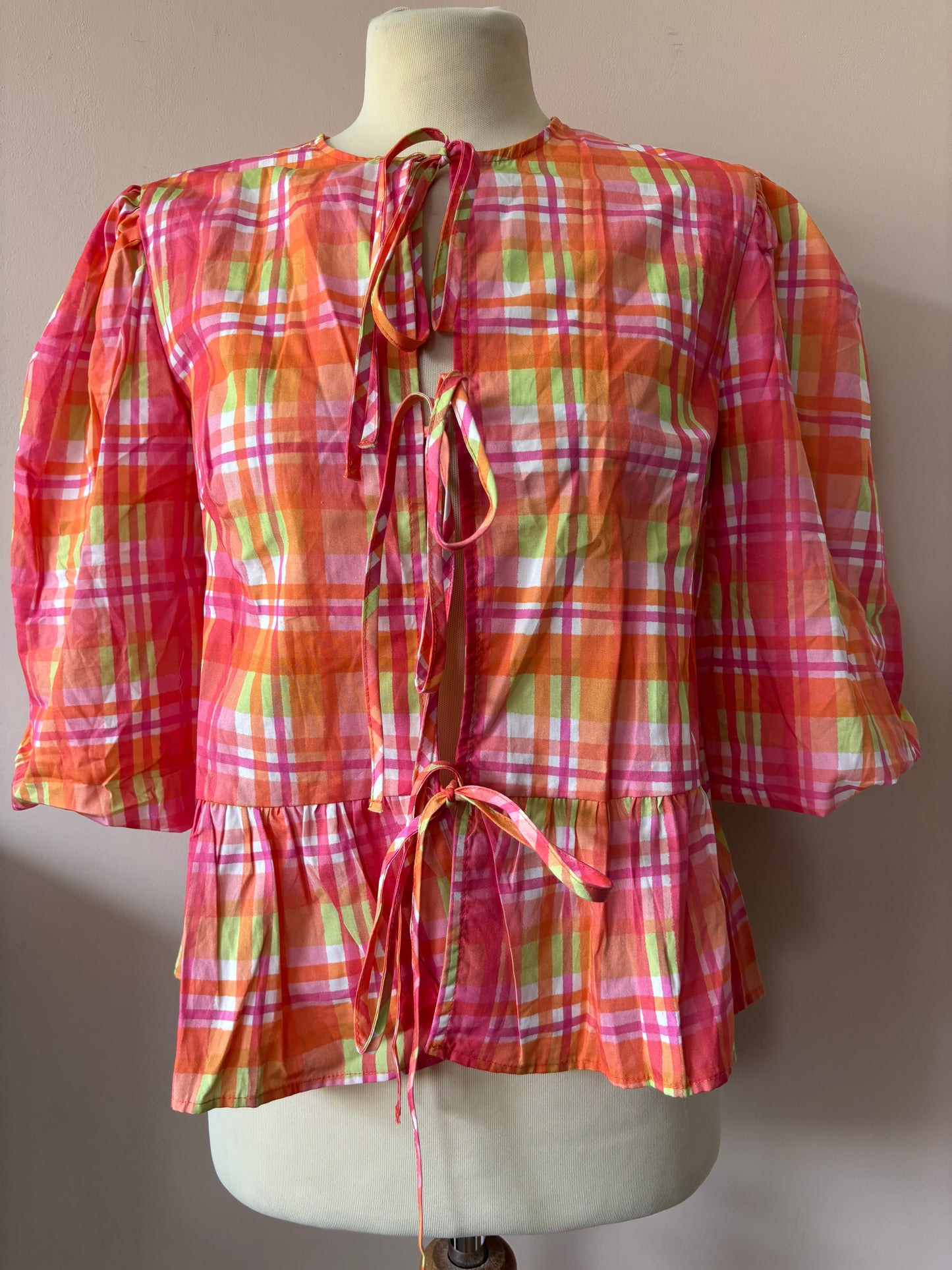 Multicoloured check puff sleeve front tie top size 12/14