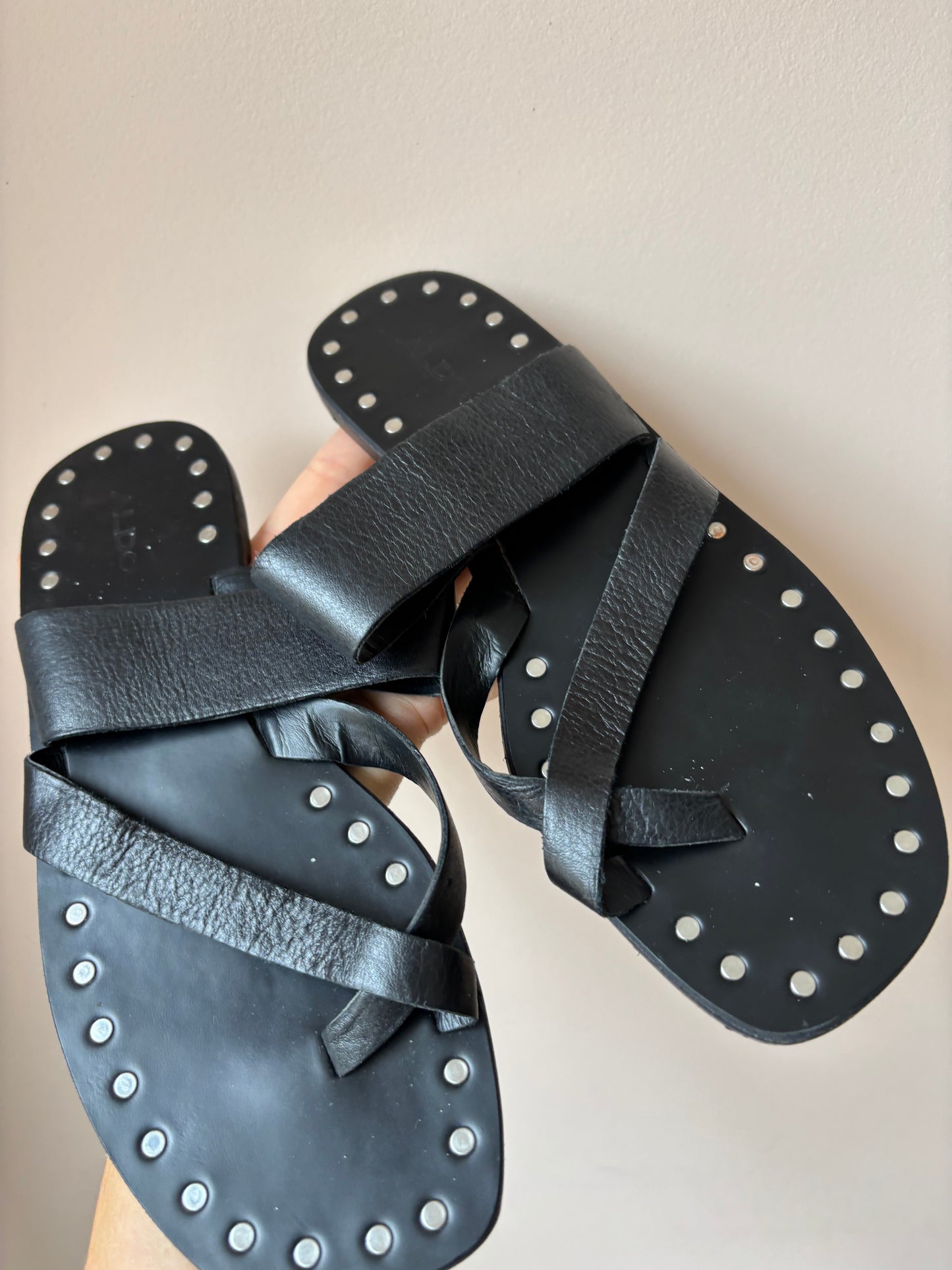 Black leather studded sandals size UK5