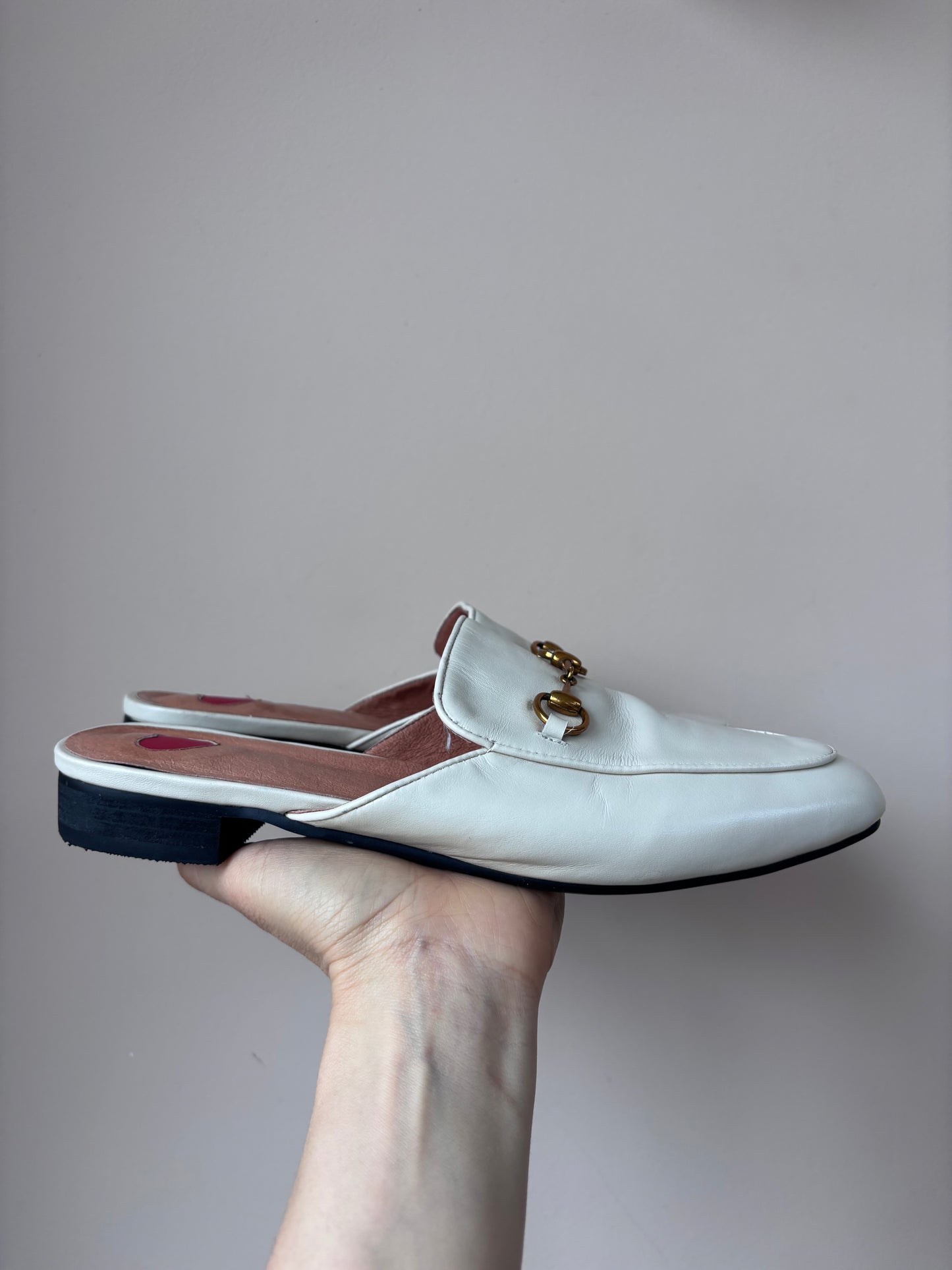 Cream leather brass buckle shoes size UK5