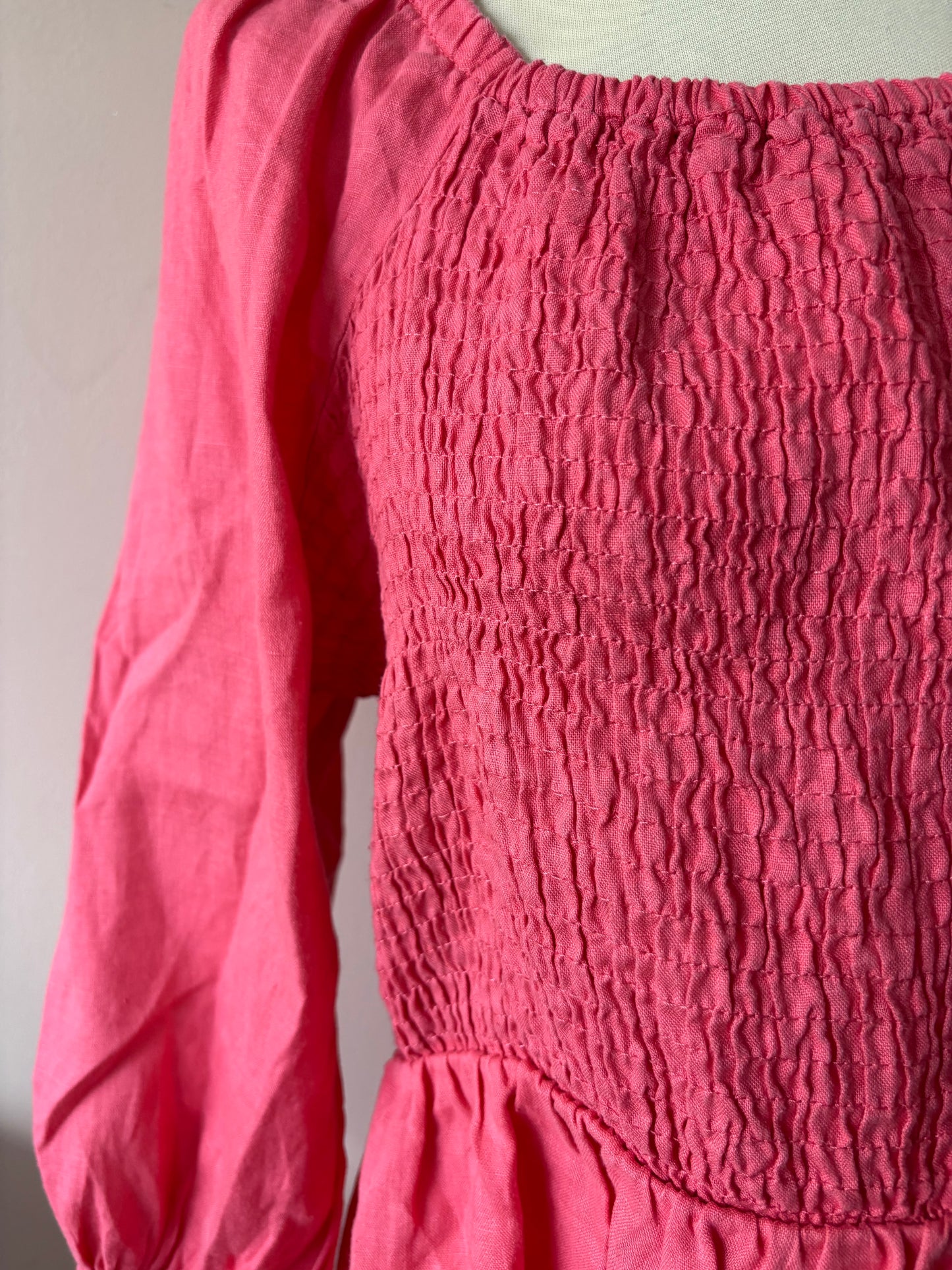 Pink 100% linen puff sleeve blouse with smocking size 16