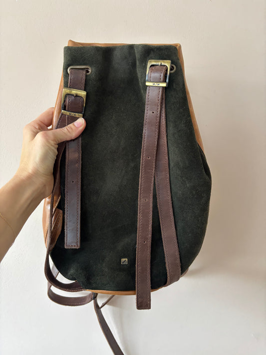 Vintage green suede and brown leather rucksack