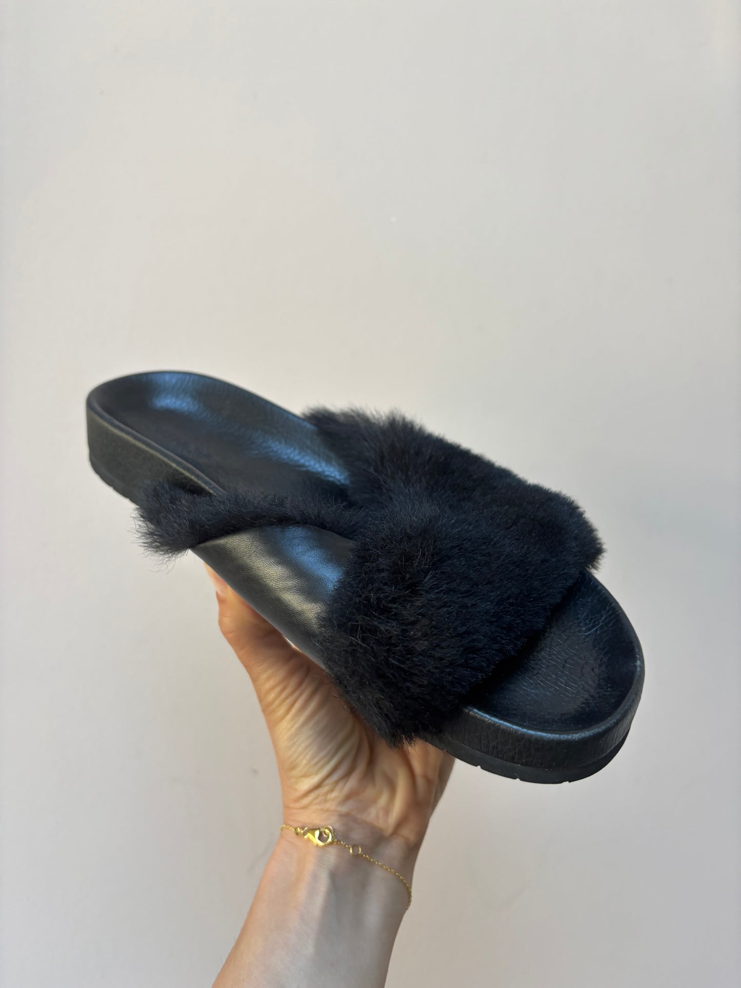 Vince black leather fur sandals size UK6