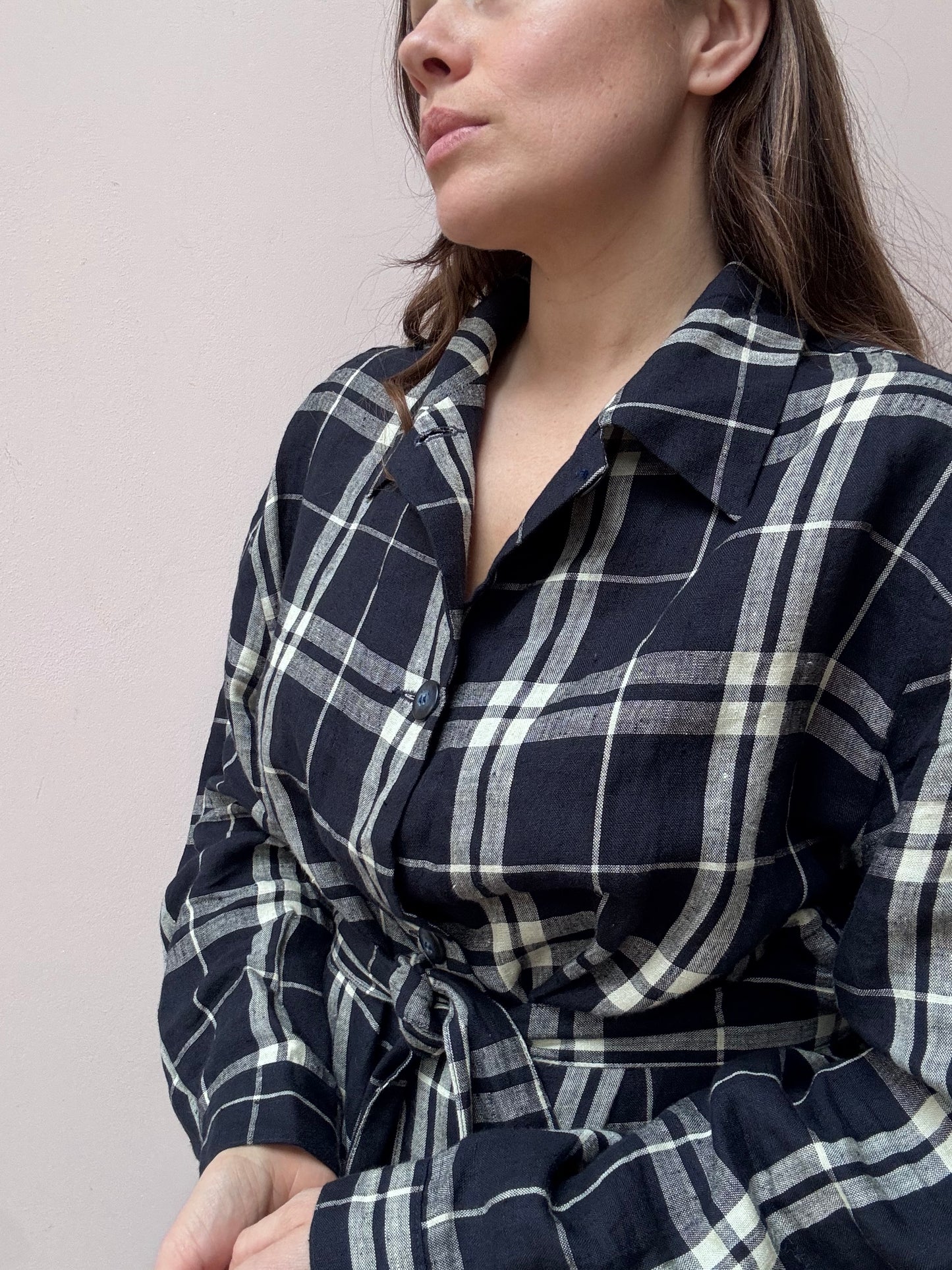 Vintage 100% linen check belted shirt jacket size 14/16