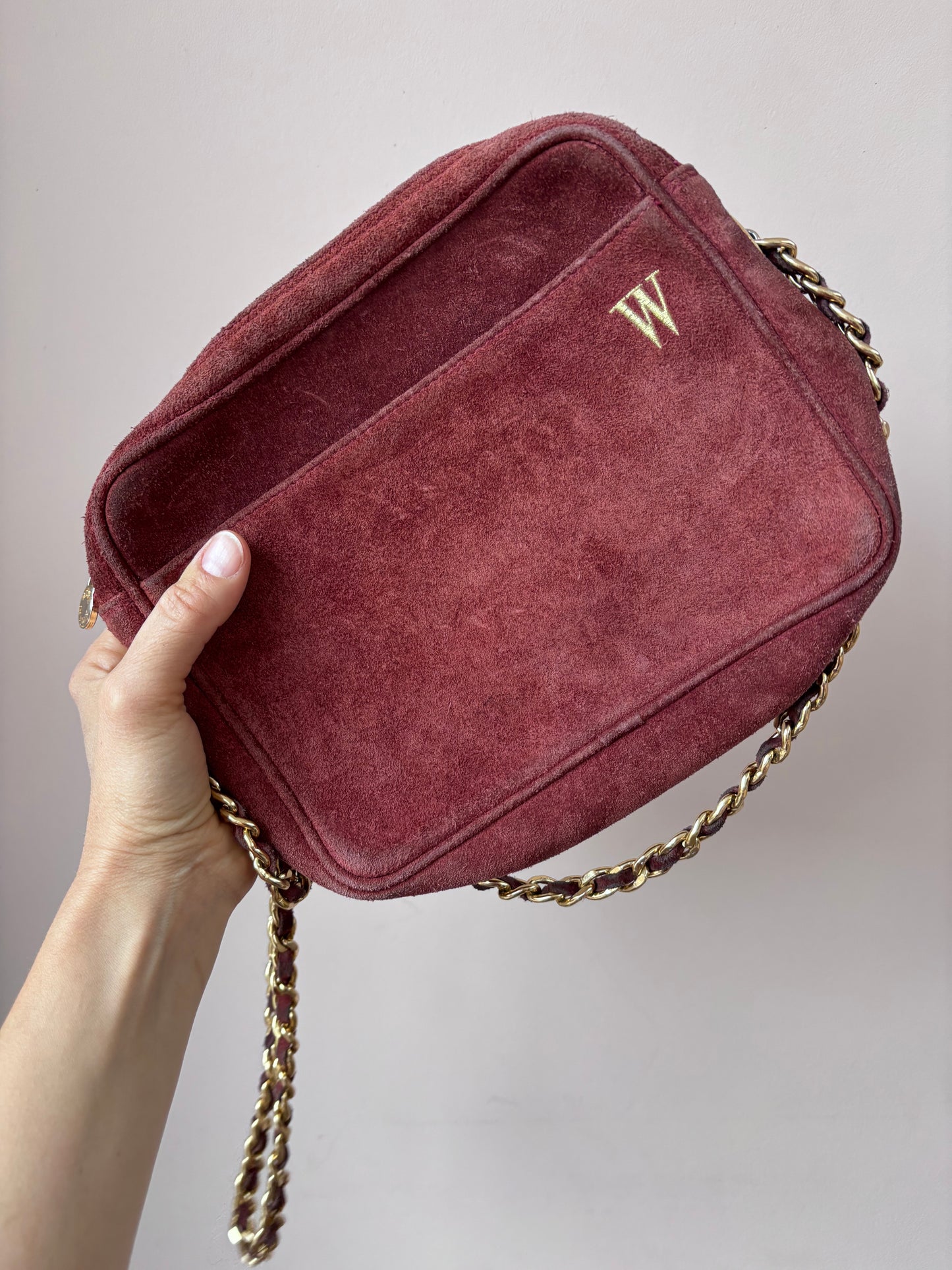 Vintage maroon suede gold chain strap bag