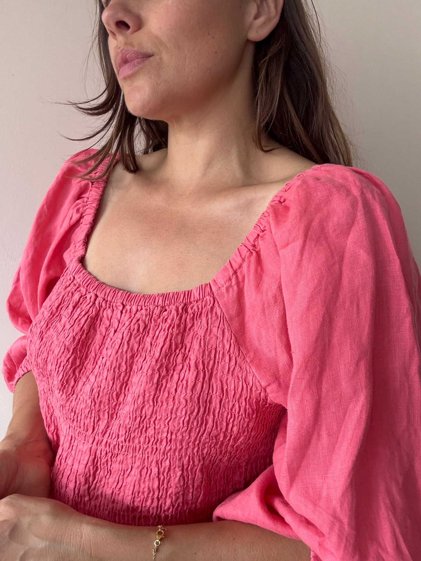 Pink 100% linen puff sleeve blouse with smocking size 16