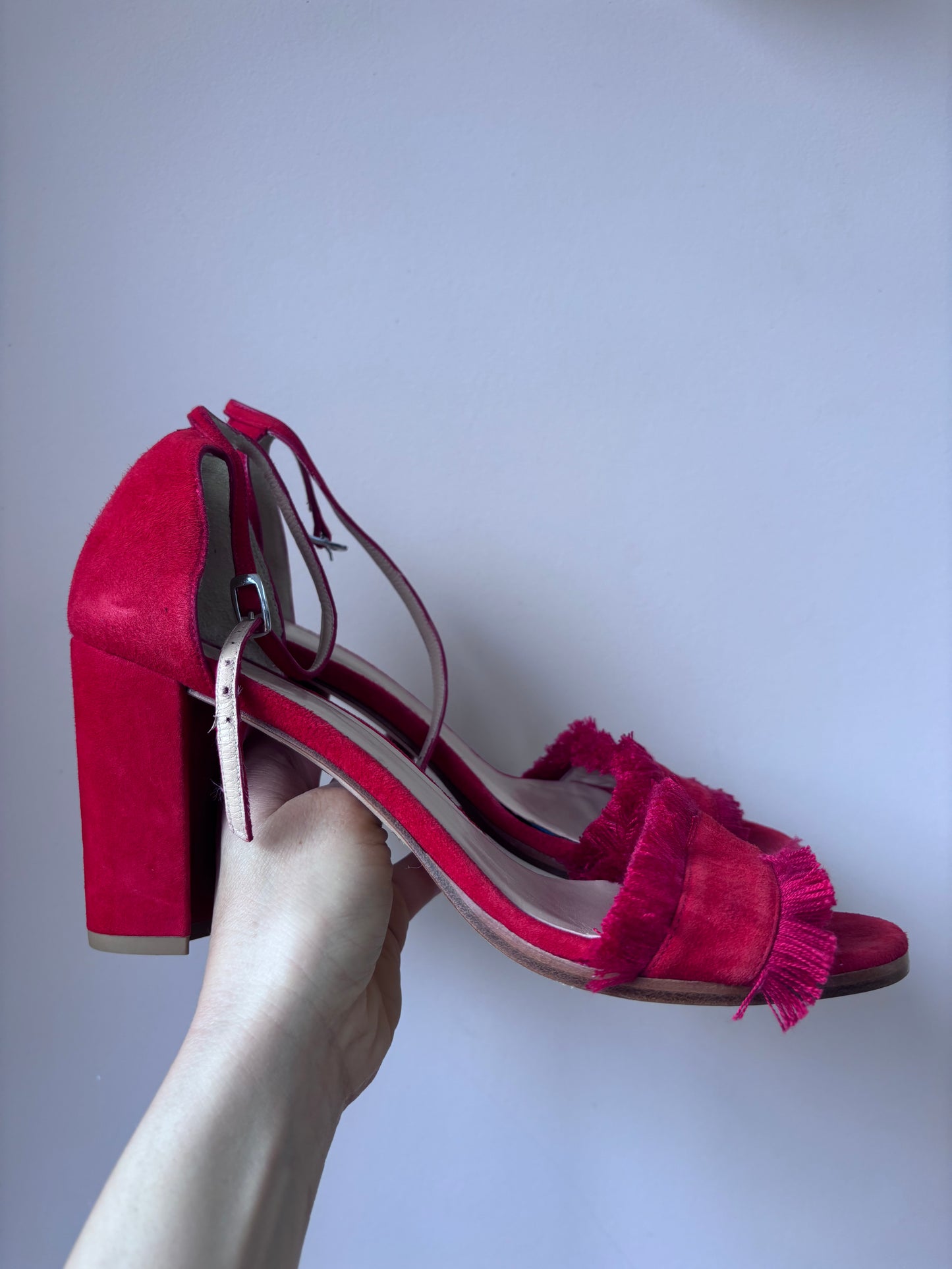 Red and orange suede tassel heels size UK8