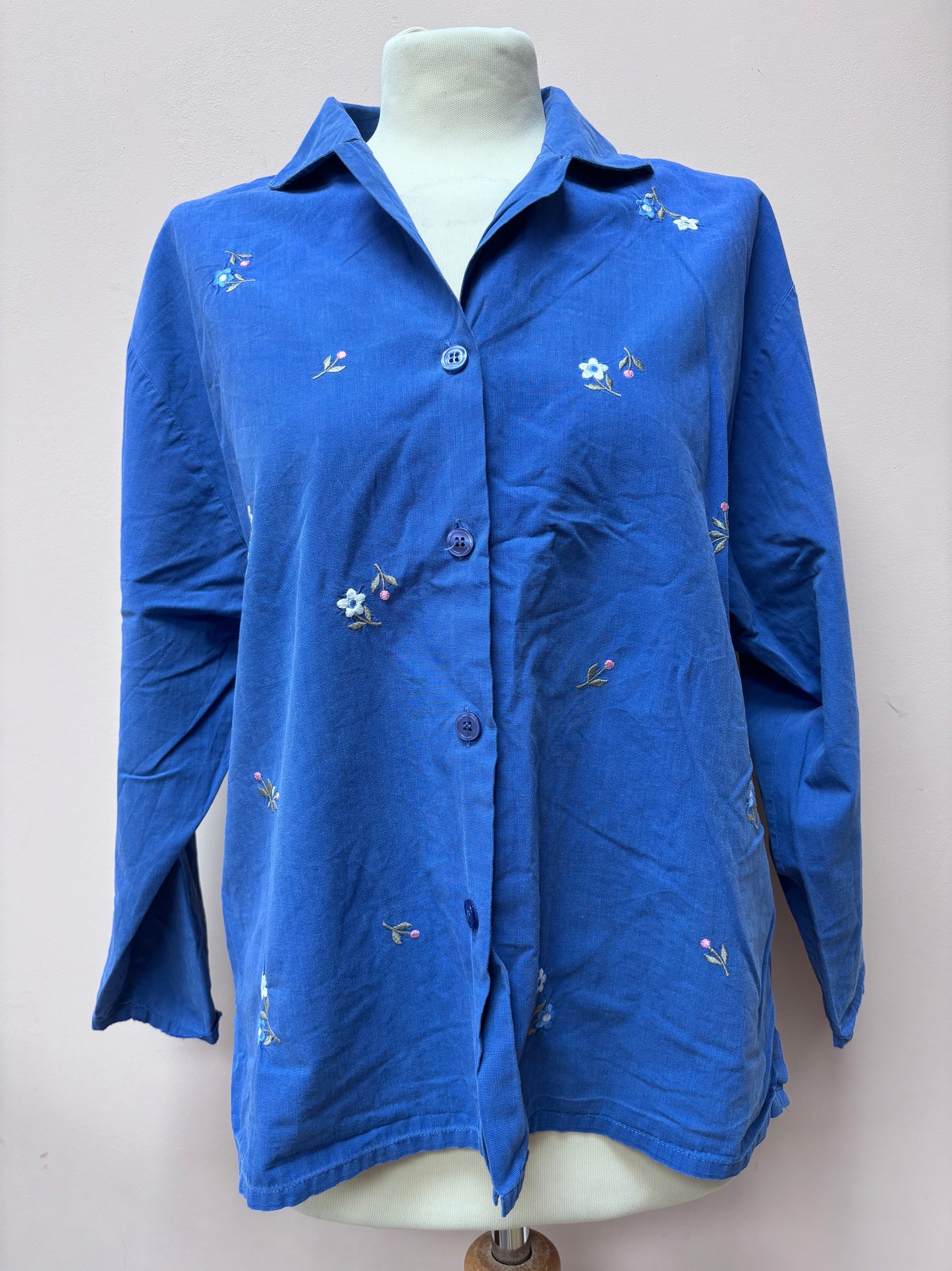 Vintage blue cotton shirt flower embroidery size 10/12