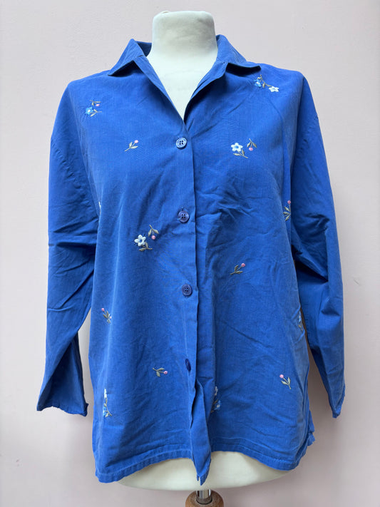 Vintage blue cotton shirt flower embroidery size 10/12