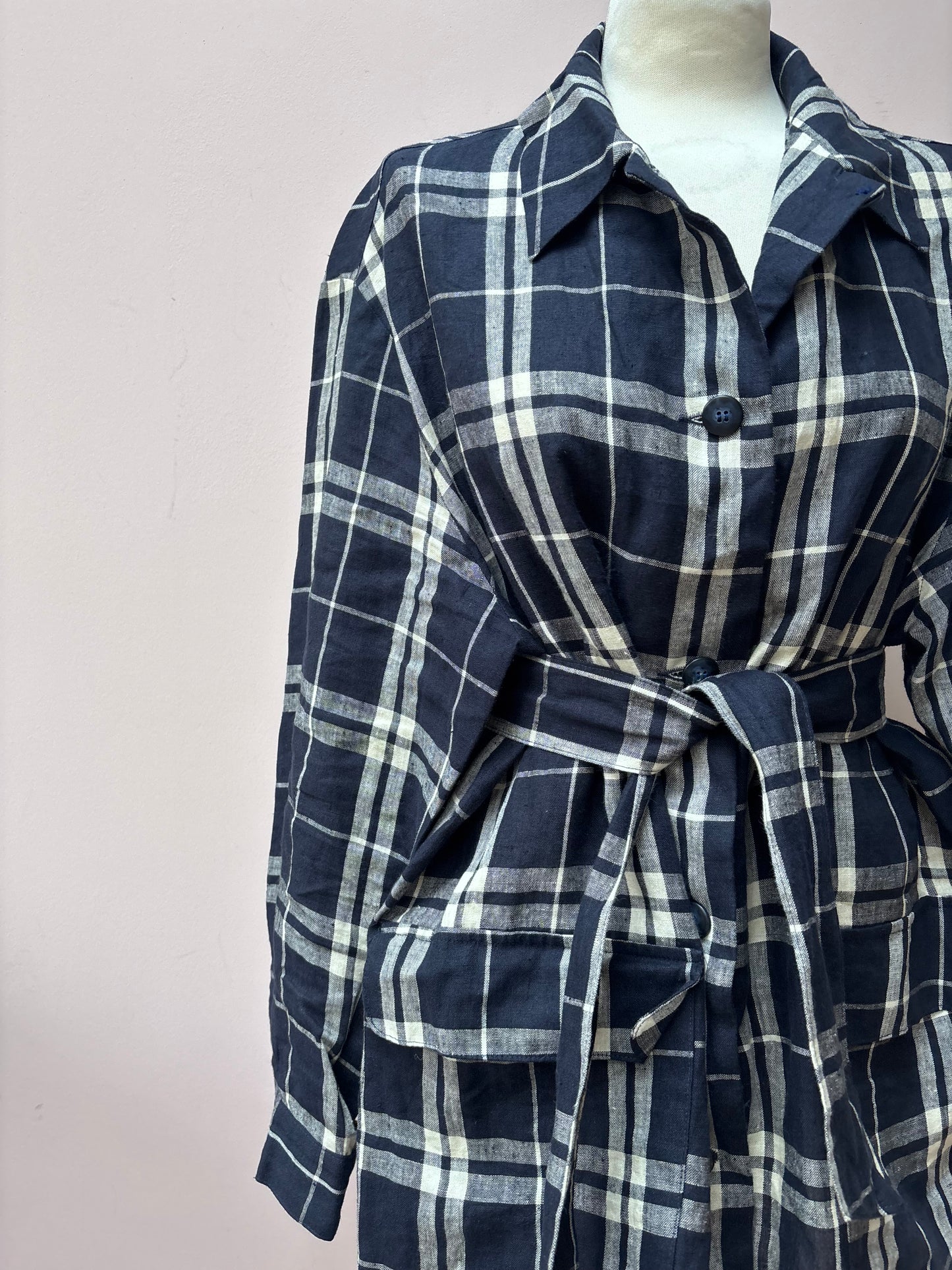 Vintage 100% linen check belted shirt jacket size 14/16